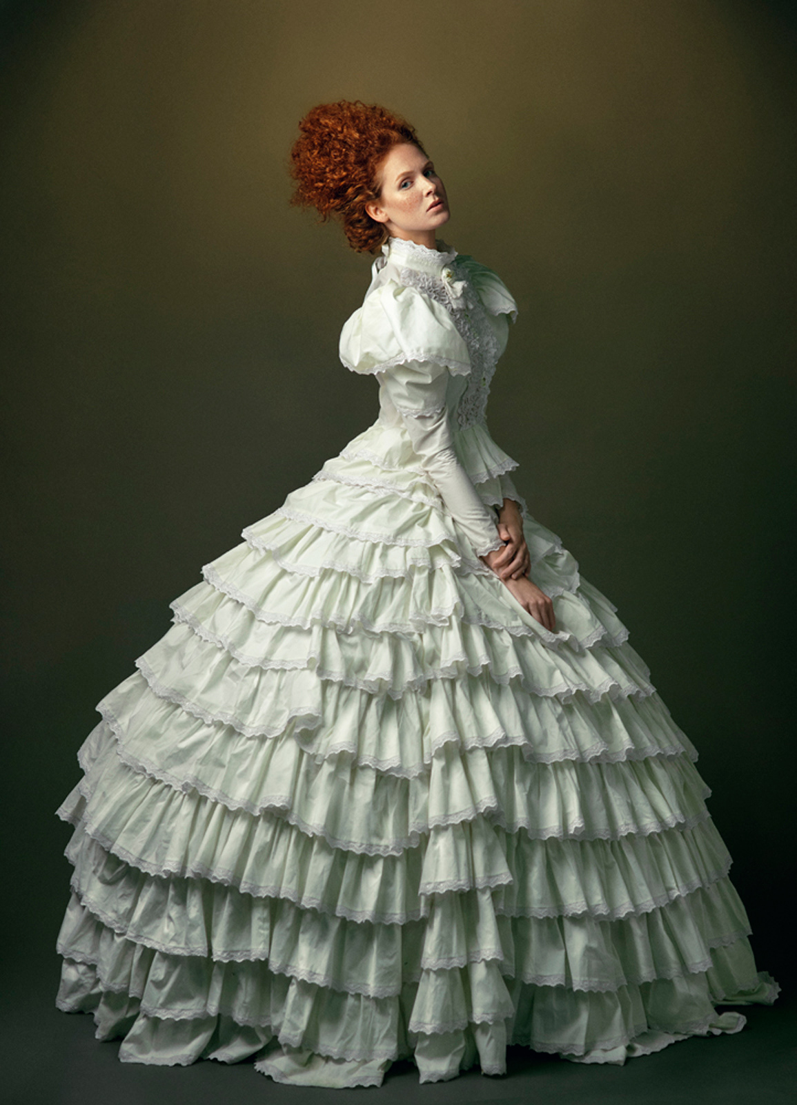 Elegant editorial fashion portrait in layered white gown – Joanna Kustra couture photography