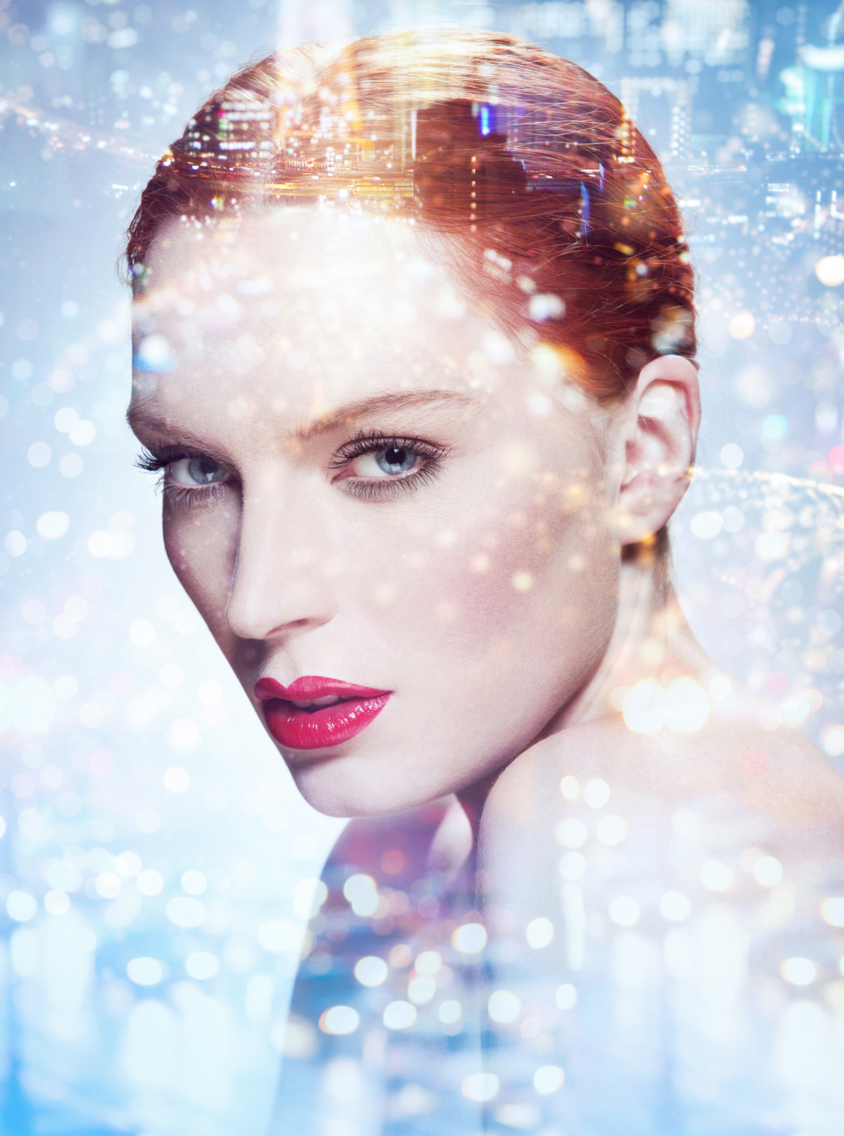 Creative double exposure portrait of red-haired model with bold red lipstick – Joanna Kustra artistic beauty photography