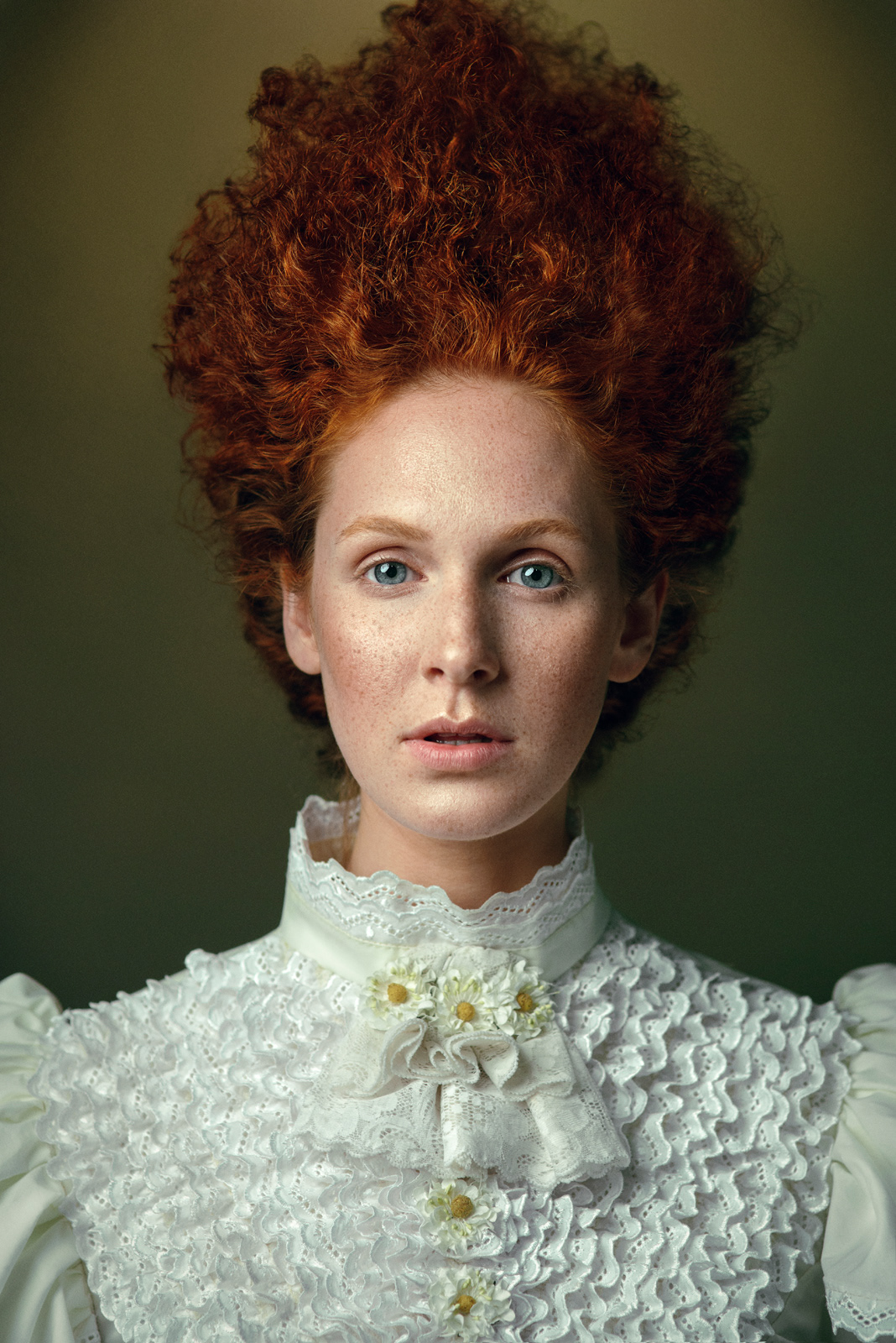 Editorial portrait inspired by Victorian fashion with red-haired model in high-neck white blouse – Joanna Kustra fine art photography