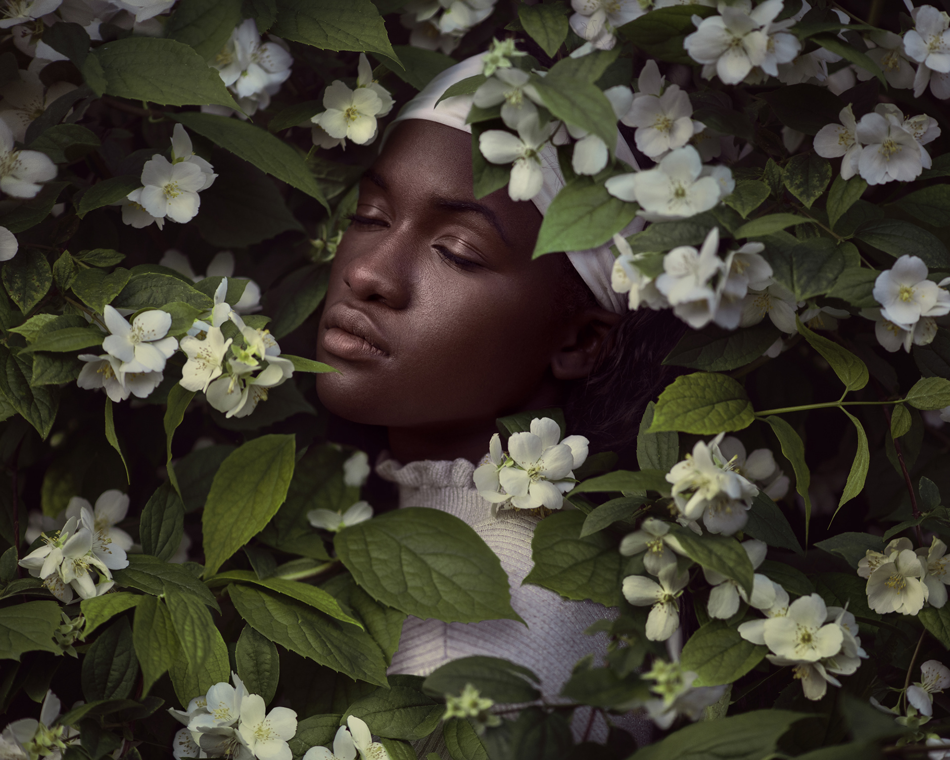 Fine art fashion portrait of dark-skinned model framed by white blossoms – Joanna Kustra botanical editorial photography