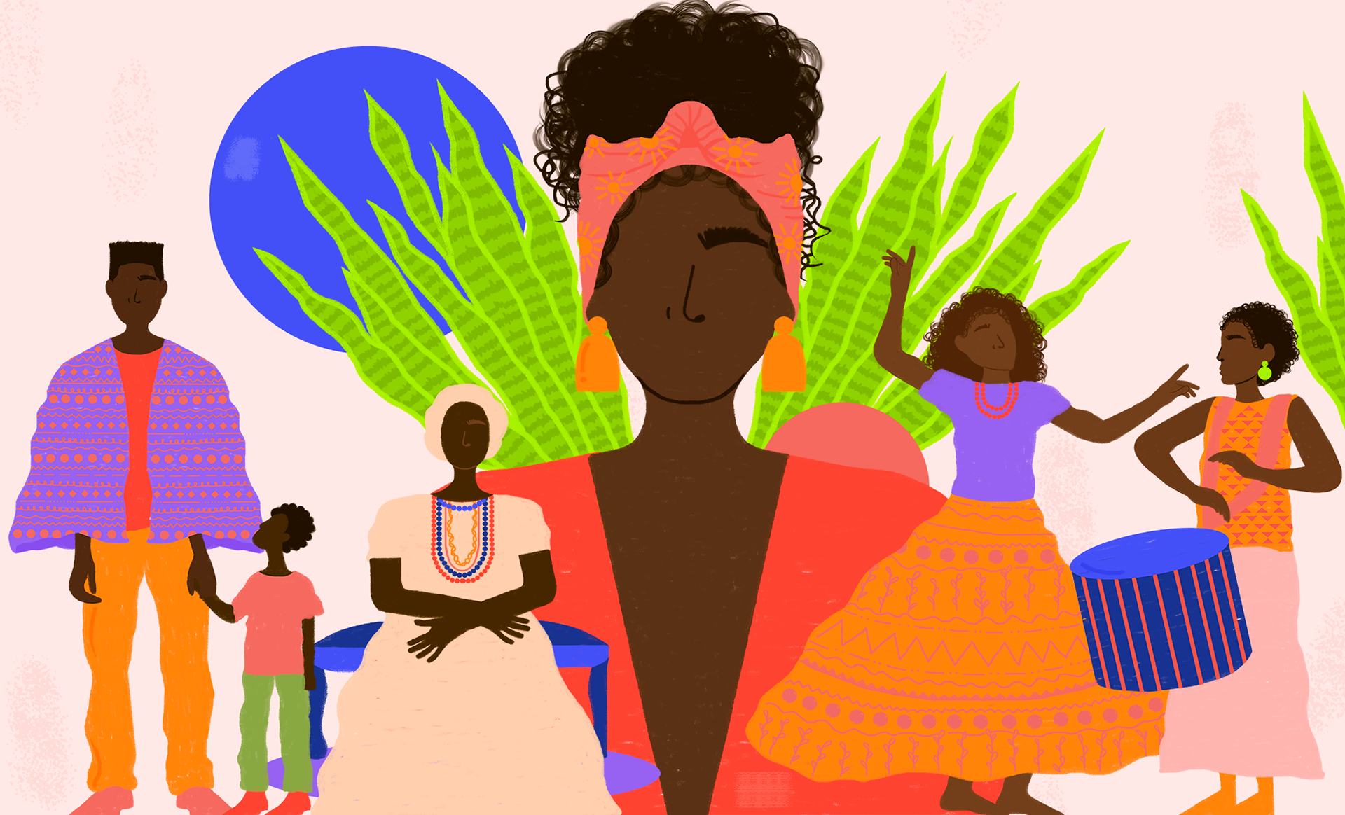 Na ilustração da newsletter de dezembro de 2020, baseada no artigo do Edson Cardoso, recuperei alguns trechos que trouxeram o sentimento de esperança e da tomada de consciência sobre si mesmo: ‘Há uma visibilidade nova, um se mostrar confiante, uma alegria de ser o que se é […] de se apresentar dessa maneira. É uma coisa muito forte.’ Partindo desse viés, houve a inspiração em Mãe Menininha, a relação com o tambor e sua referência aos ancestrais (tratado por Paulo Dias em ‘Comunidades do Tambor’), além de retratar indivíduos dançando. Para compor a cena ao fundo, há a espada-de-são-jorge, simbolizando a proteção de todos.
