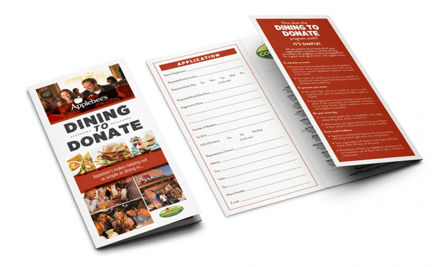 Applebee’s Dining to Donate trifold brochure, created in a four-color digital format.
