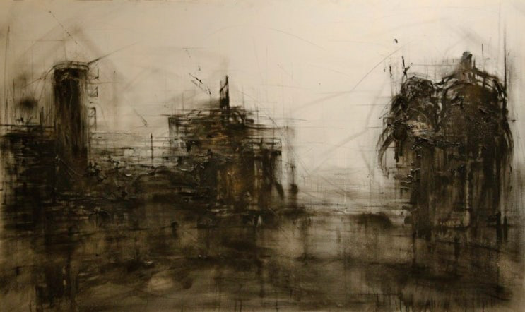 Factory No.2, Oil and aerosol spray paint on canvas, 97 × 162.2 cm (38 × 64 in.), 2011