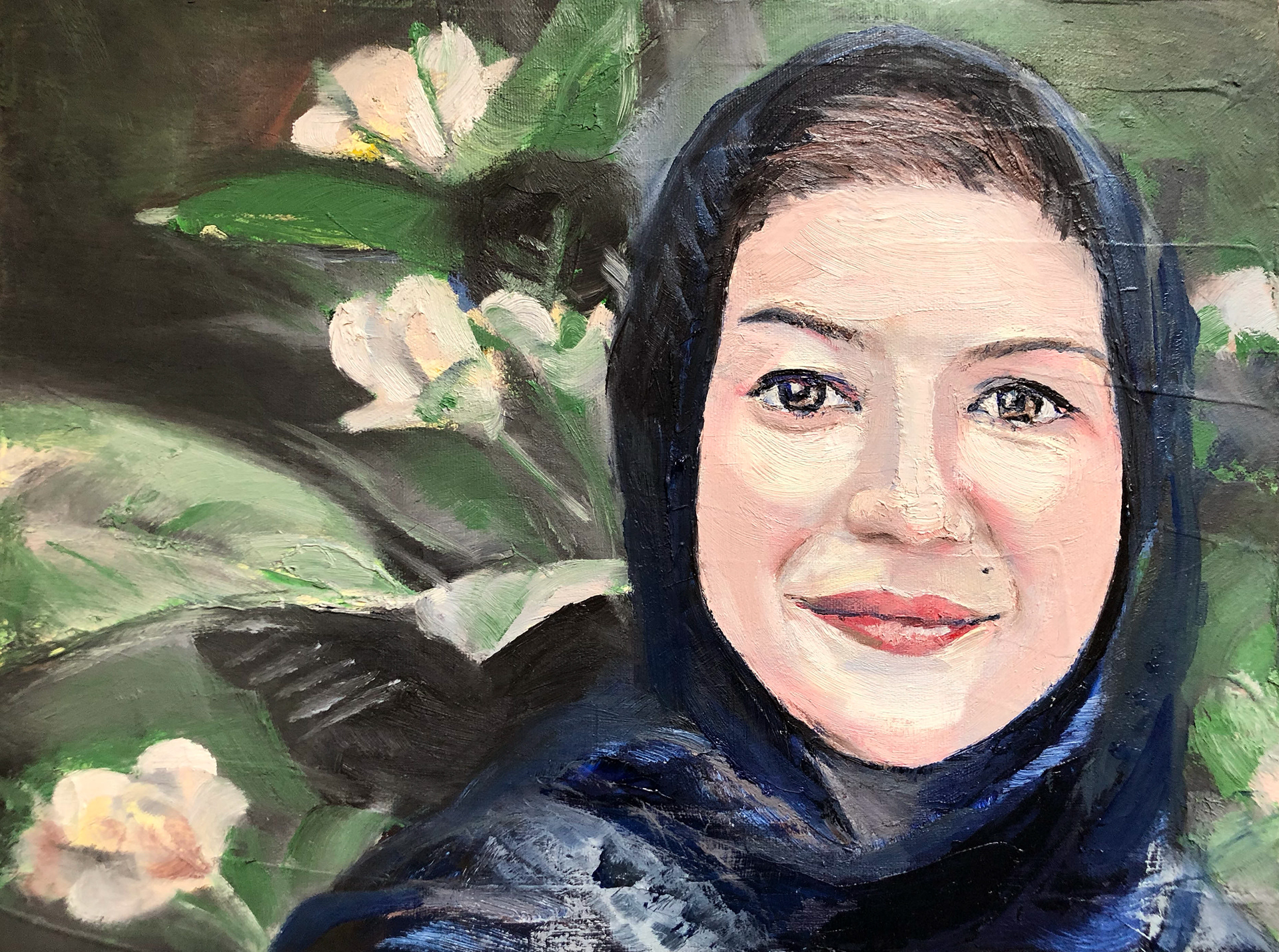 Asal Andarzipour, "Elnaz: A Passenger of Flight PS752", oil on canvas, 12x16 inches, 2020"