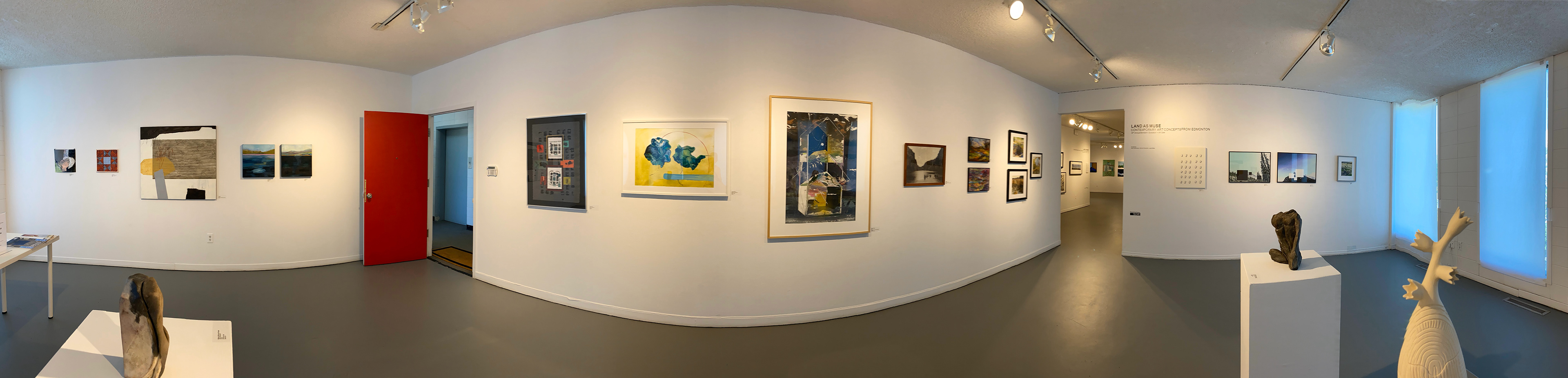 Panoramic view of Land as Muse: Contemporary Art Concepts from Edmonton/34th Annual Members’ Show Curated by: Asal Andarzipour, Darren Kooyman and Jacek Malec | 2022 | Harcourt House Artist Run Centre | Edmonton, AB