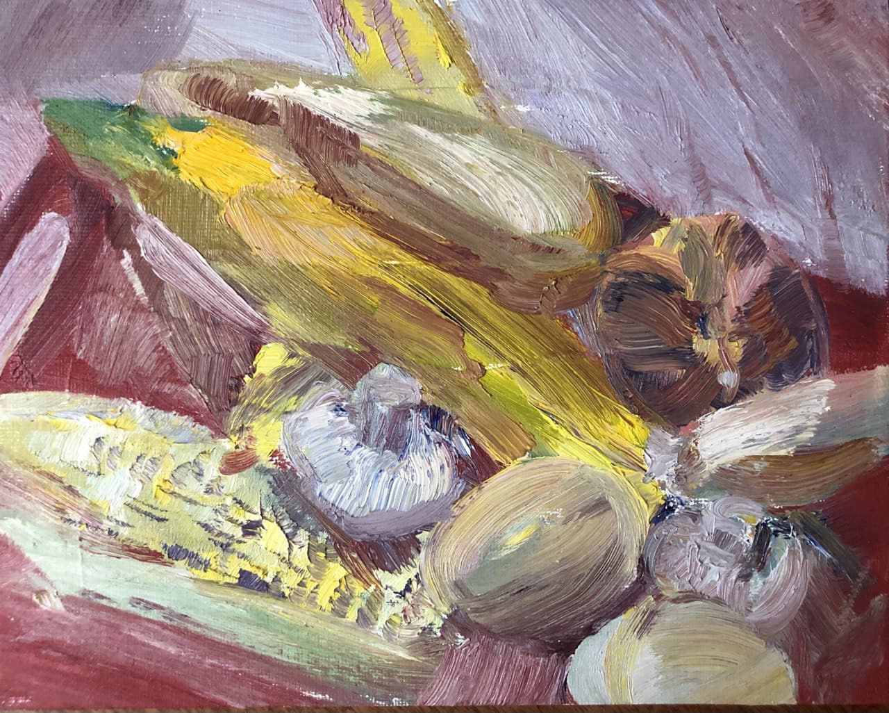 Asal Andarzipour, "Study of Onion on IKEA Bag", oil on canvas, 8x10 inches, 2020