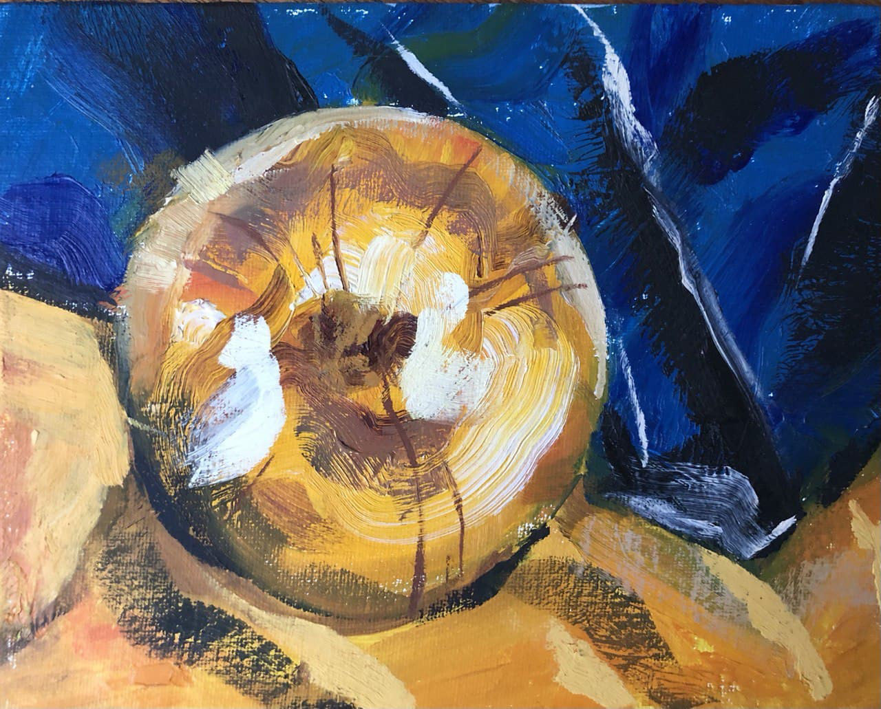 Asal Andarzipour, "Study of Onion on IKEA Bag", oil on canvas, 8x10 inches, 2019