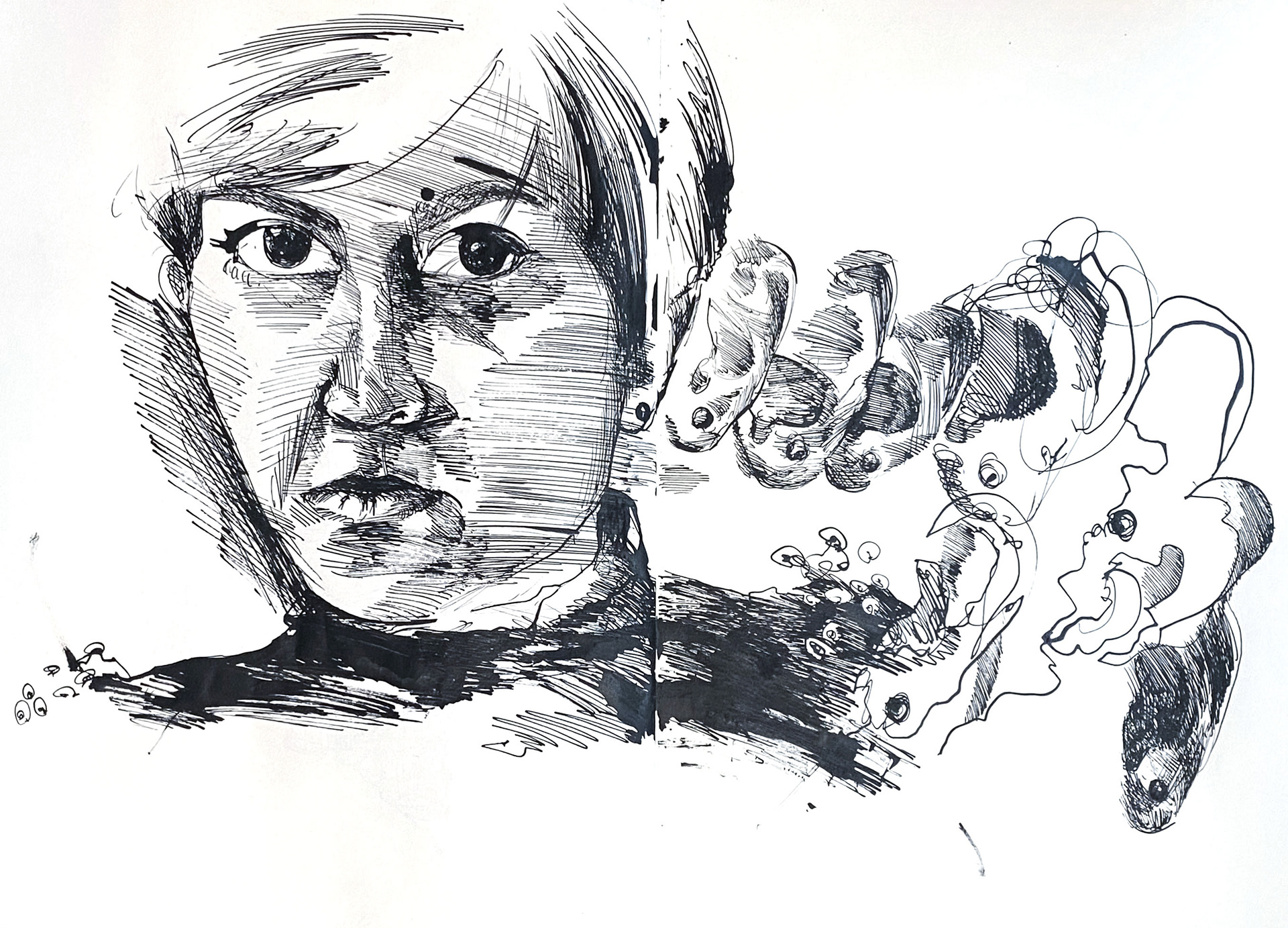 Asal Andarzipour, "Could you repeat that?", ink on paper, 2022