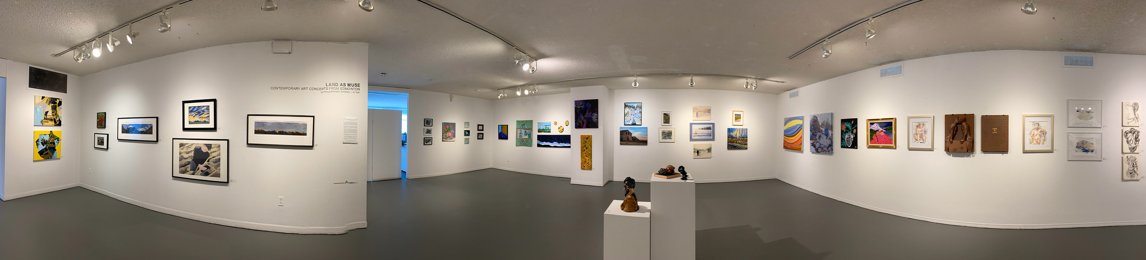 Panoramic view of Land as Muse: Contemporary Art Concepts from Edmonton/34th Annual Members’ Show Curated by: Asal Andarzipour, Darren Kooyman and Jacek Malec | 2022 | Harcourt House Artist Run Centre | Edmonton, AB
