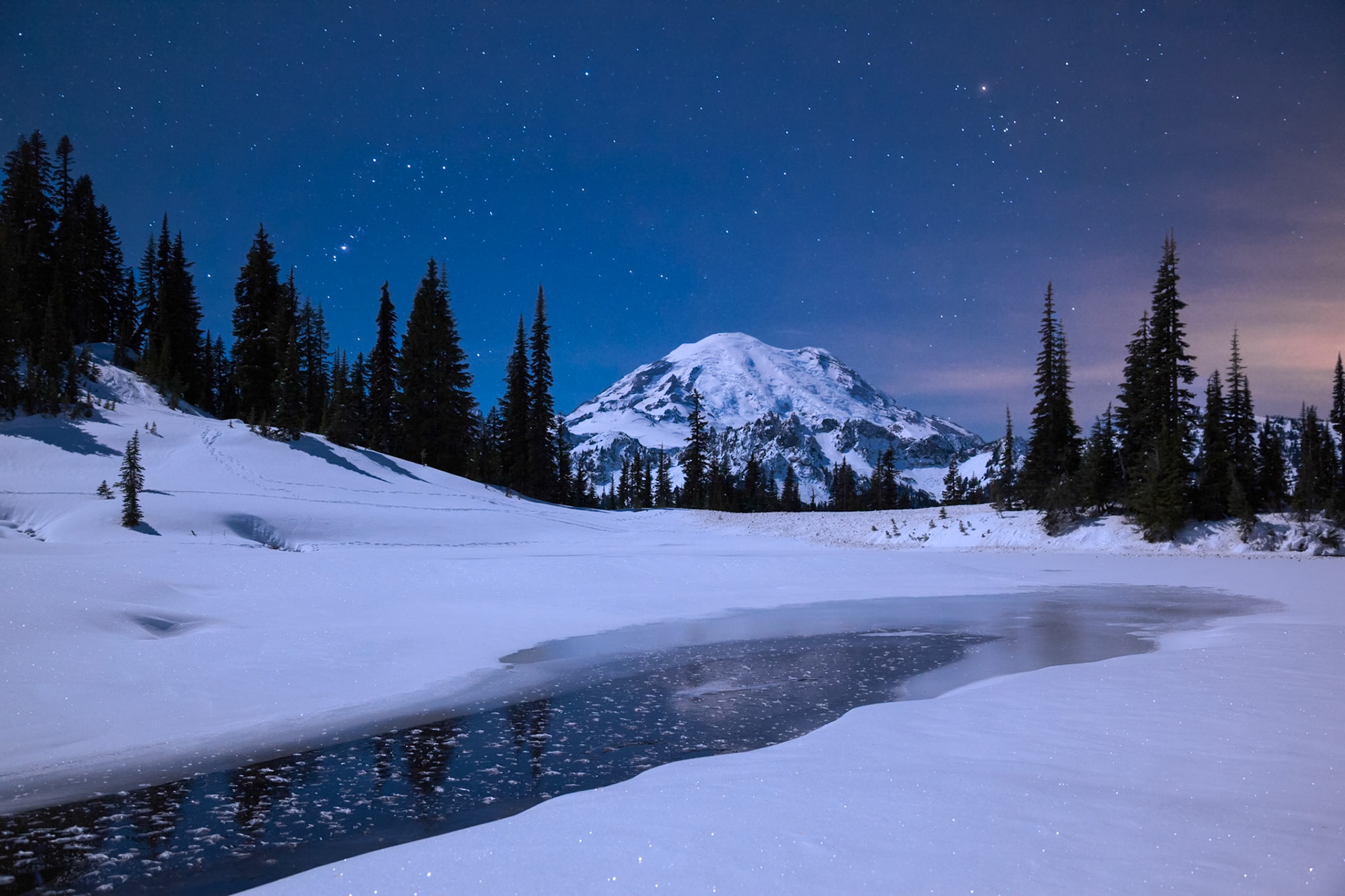 Orion over Tipsoo Lake Winter Stars, Frozen Lake Foreground