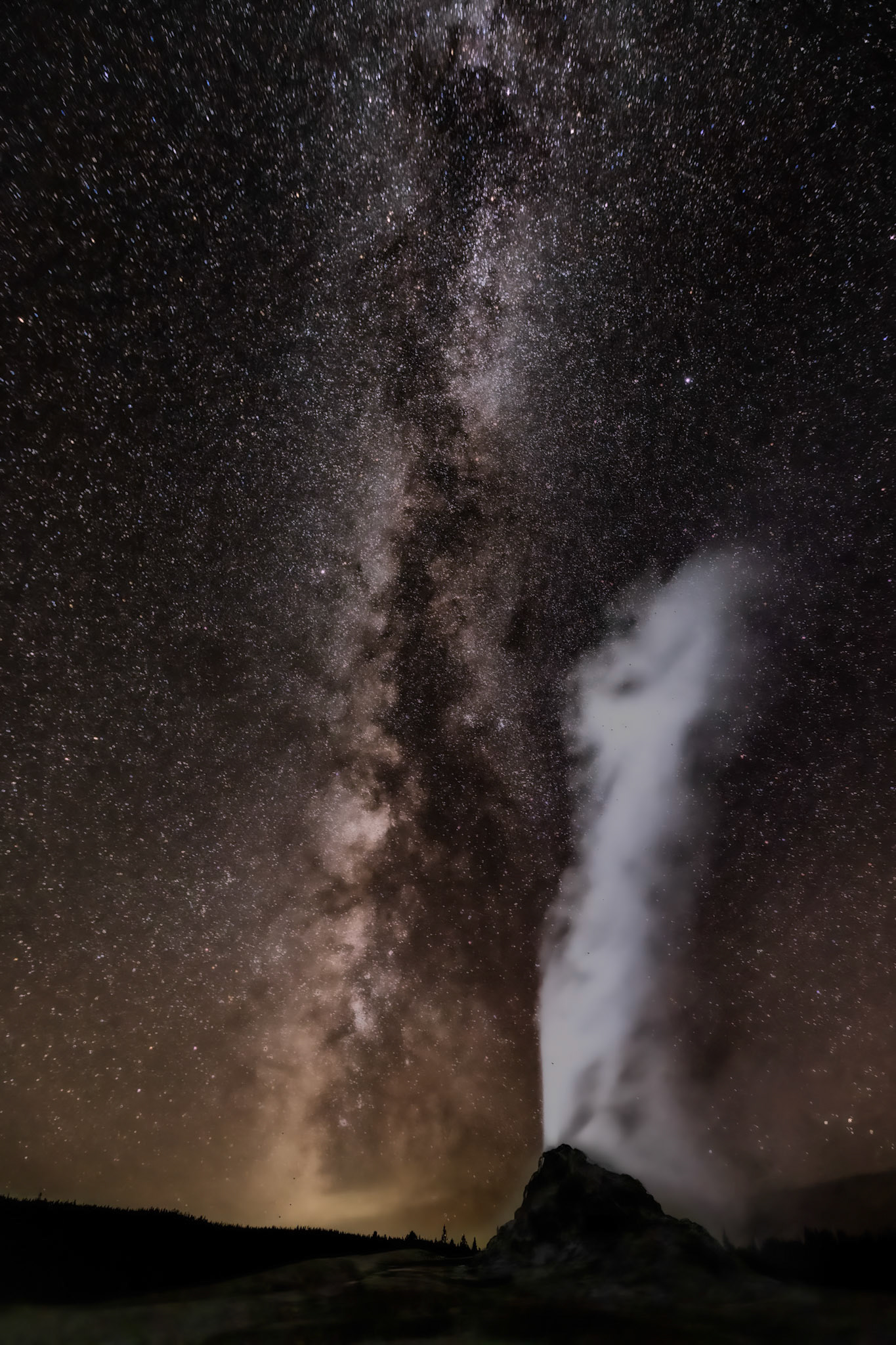 Geyser Eruption Under Milky Way, Yellowstone