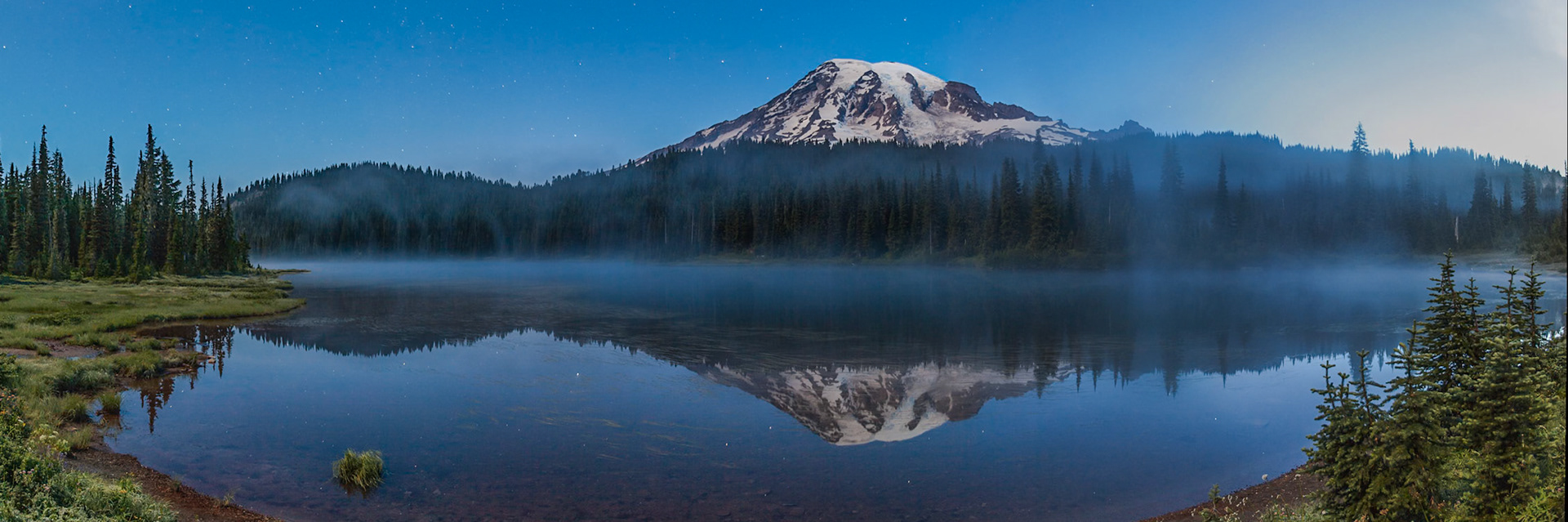 Reflection Lakes Night Panoramic, Stars &amp; Mist