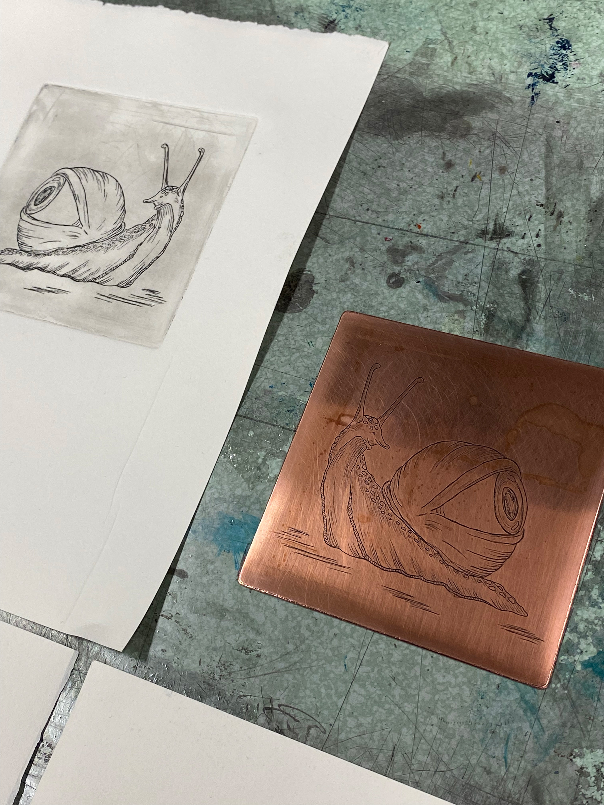 "Surveillance snail" copper plate