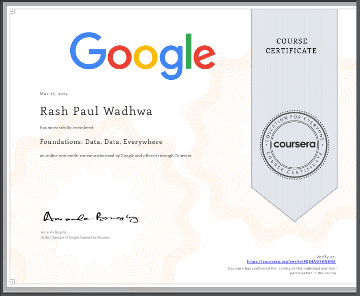 1 of 8 Google Data Analysis Professional Certificate.