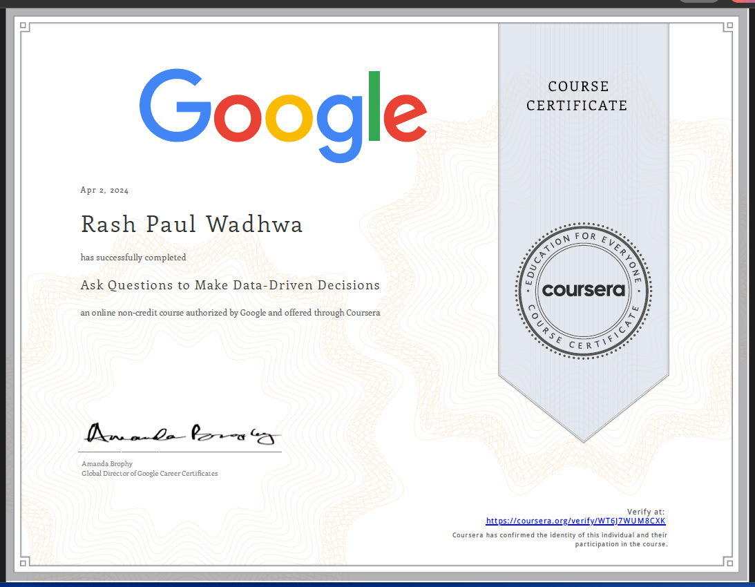 2 of 8 Google Data Analysis Professional Certificate.