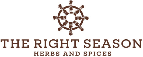 This is the logo for the brand and the logo is being depicted as a boat's helm made out of pepper grinders and below it, it has the text the right season and under that it has herbs and spices and all text is in caps