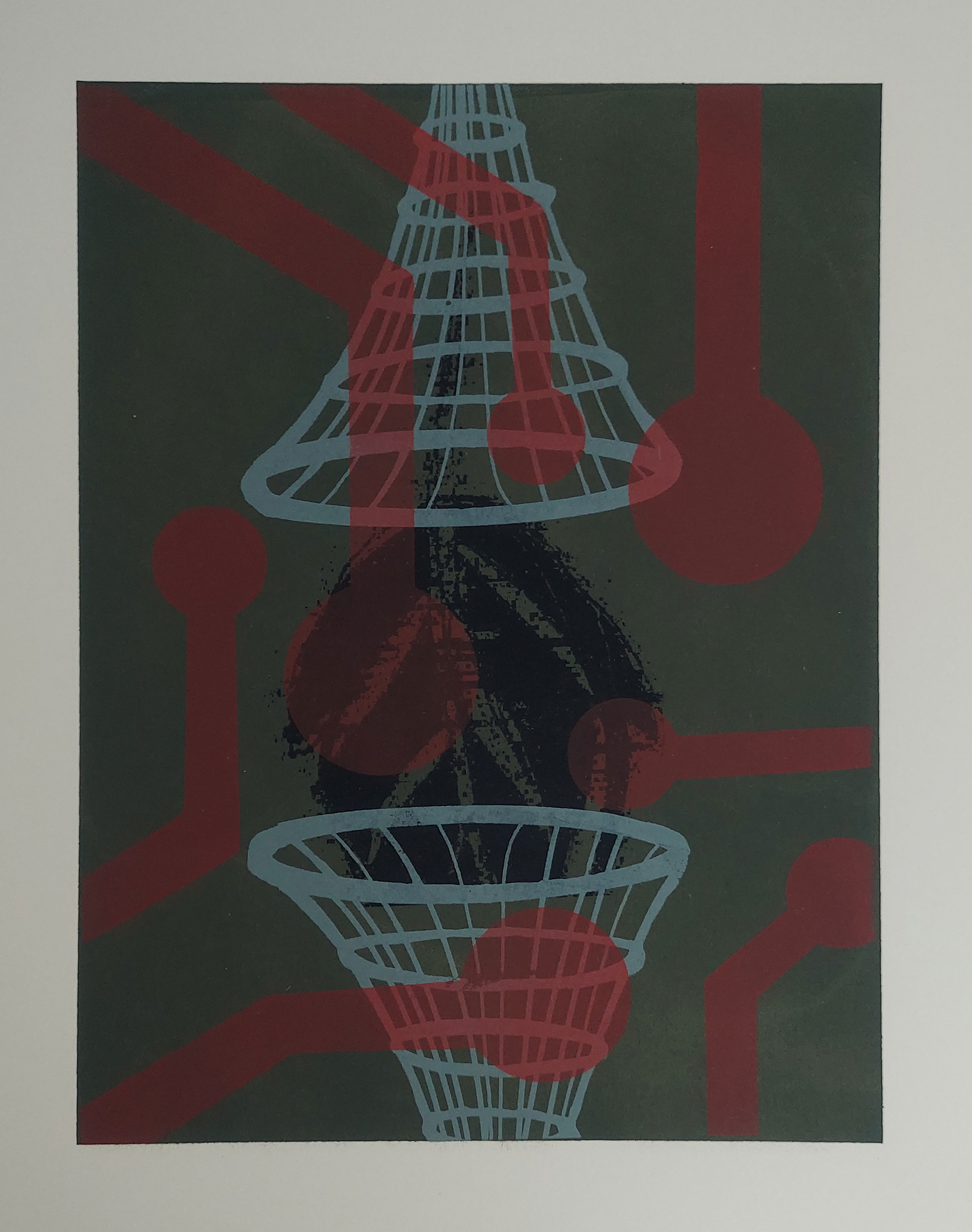 large circuit patterns on foreground with a vortex on top and a vortex on the bottom absorbing a leaf with a large circuit pattern on the foreground and a dark green background.