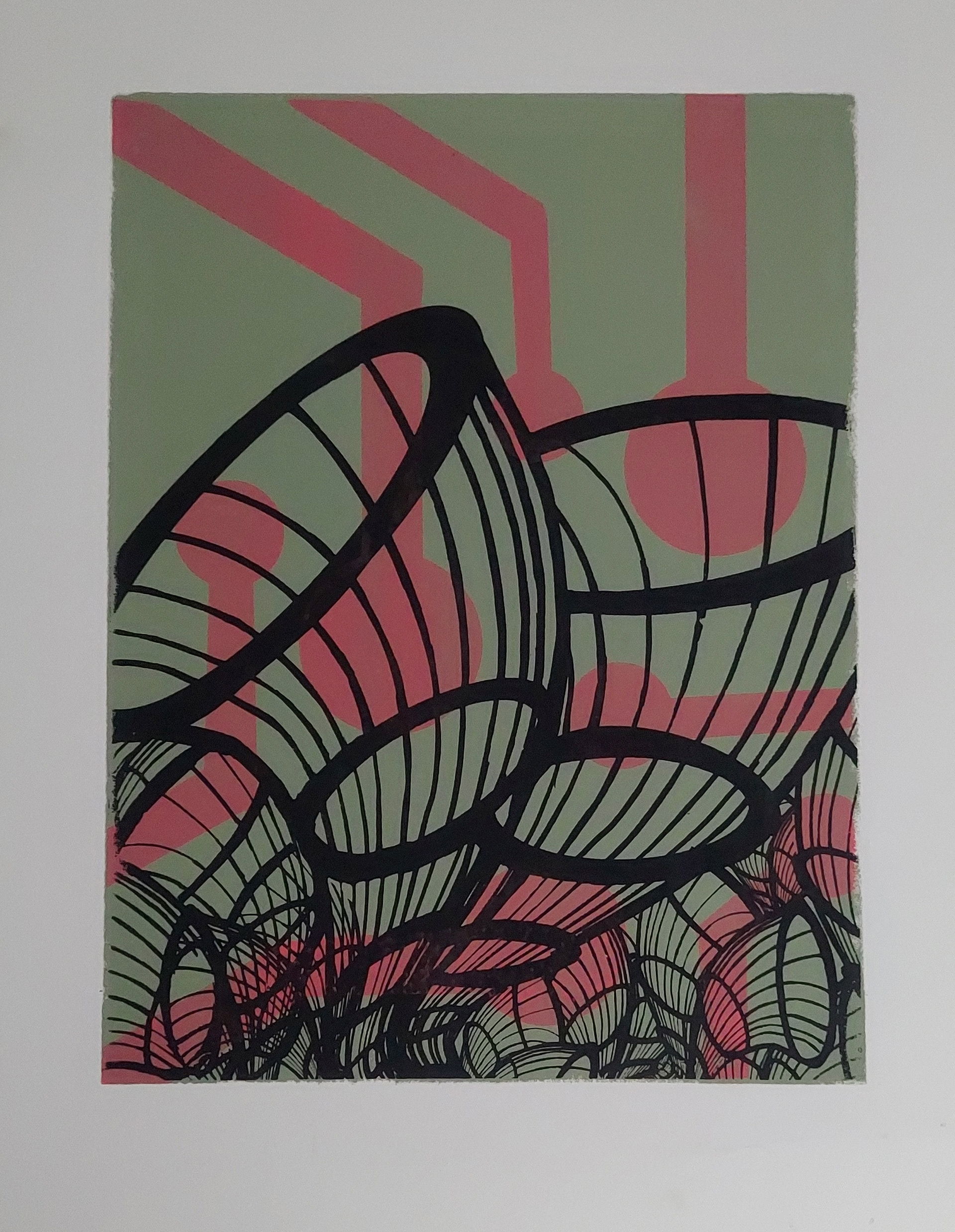 print with multiple black vortex going in different directions with large circuit patterns and a green background.