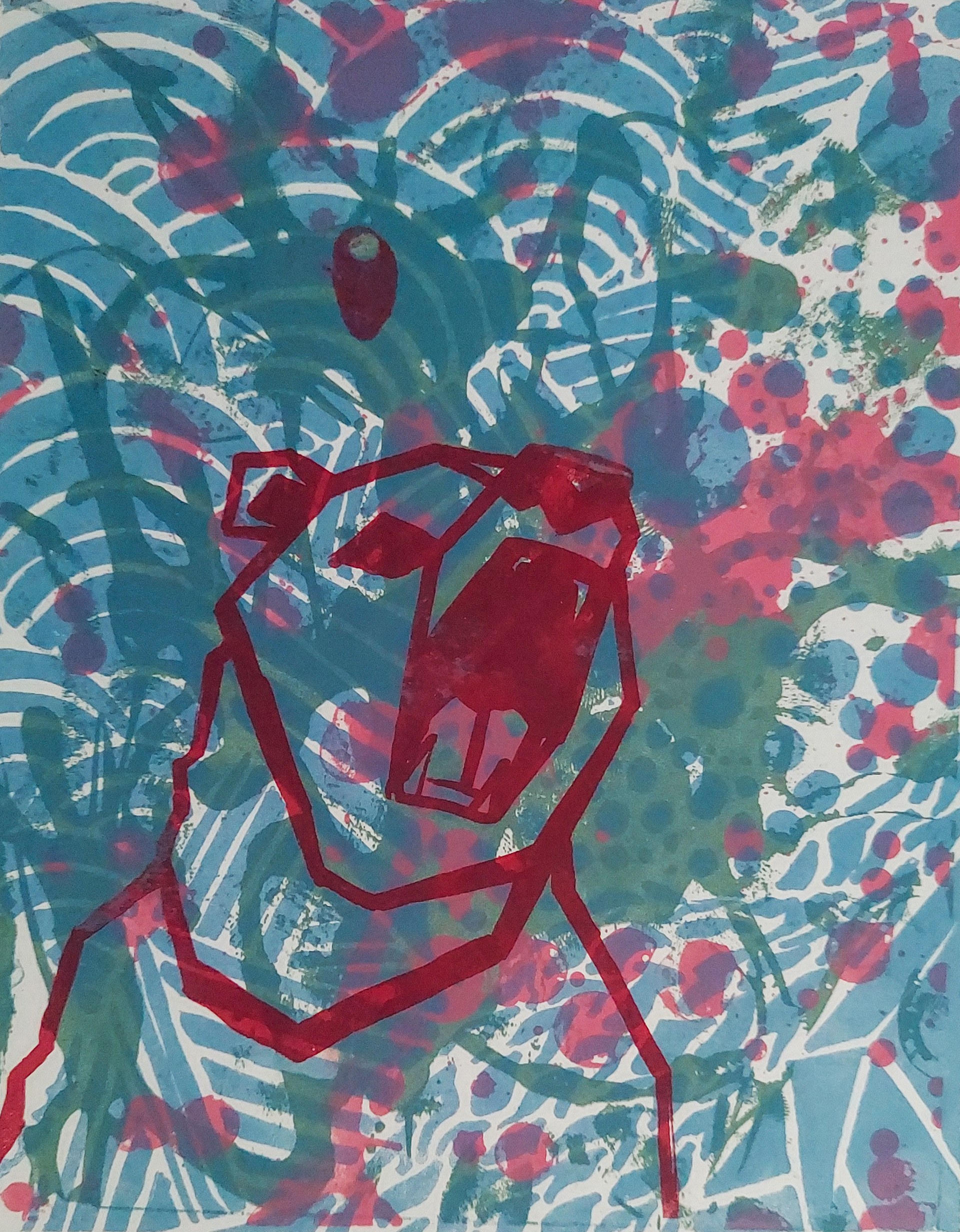 bear done in a geometric line form in the foreground with different patterns happening in the background