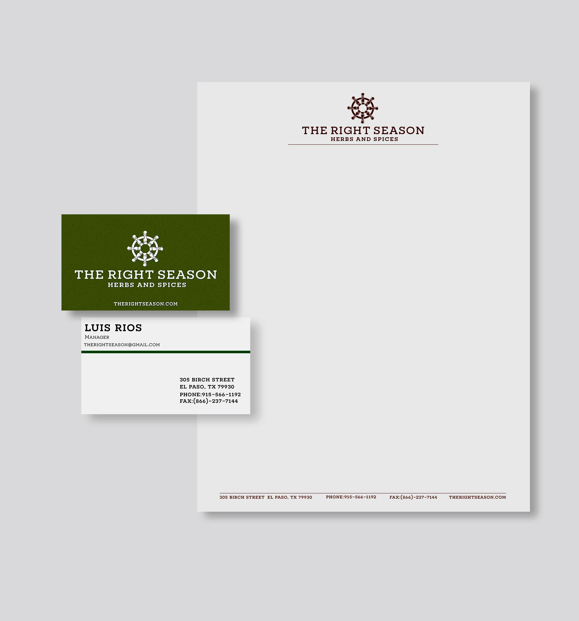 Business card, front and back view, and letter head