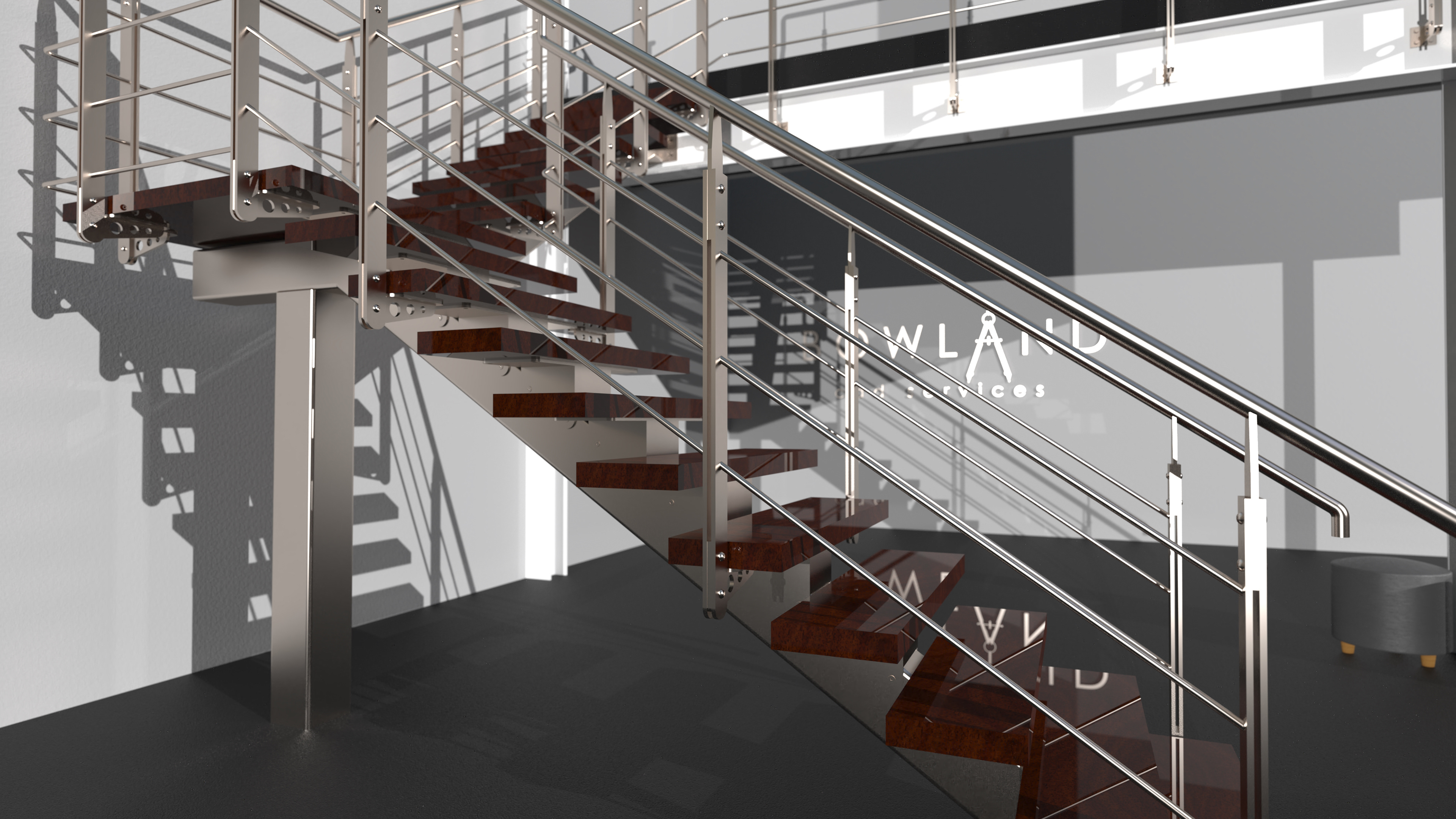 All stainless feature stair & balustrade with wooden treads.