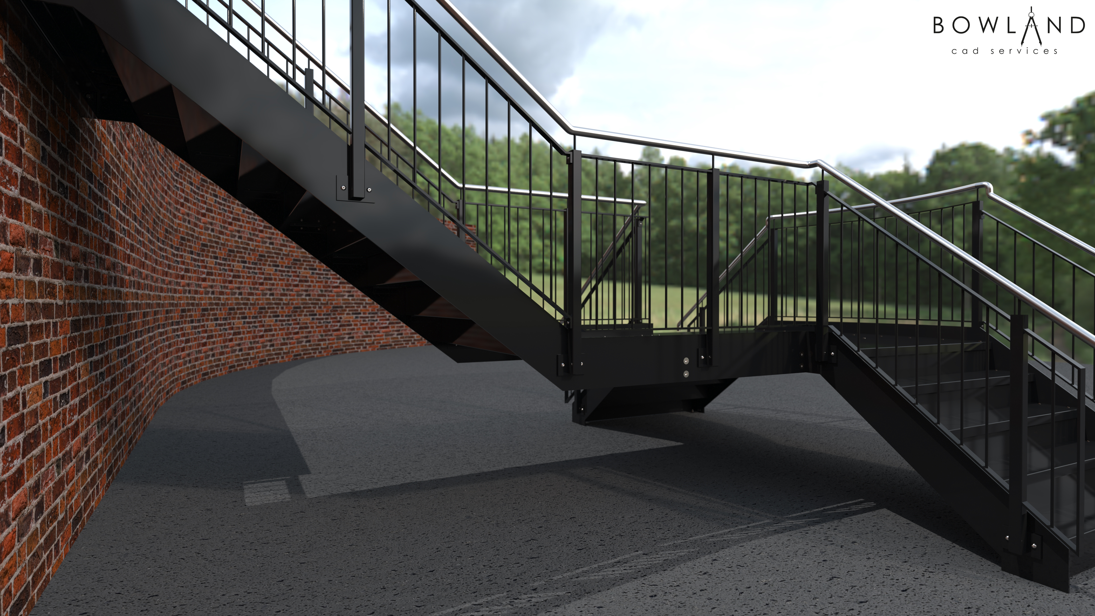 Stair & balustrade with twin lower flights.