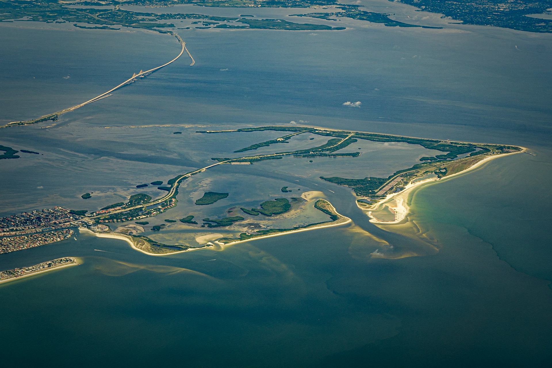 Aerial view of Fort DeSoto, the Skyway Bridge and the Tampa Bay area...
