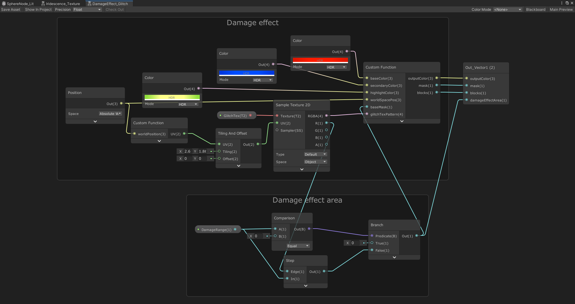 Damage effect subnode of the sphere node shader