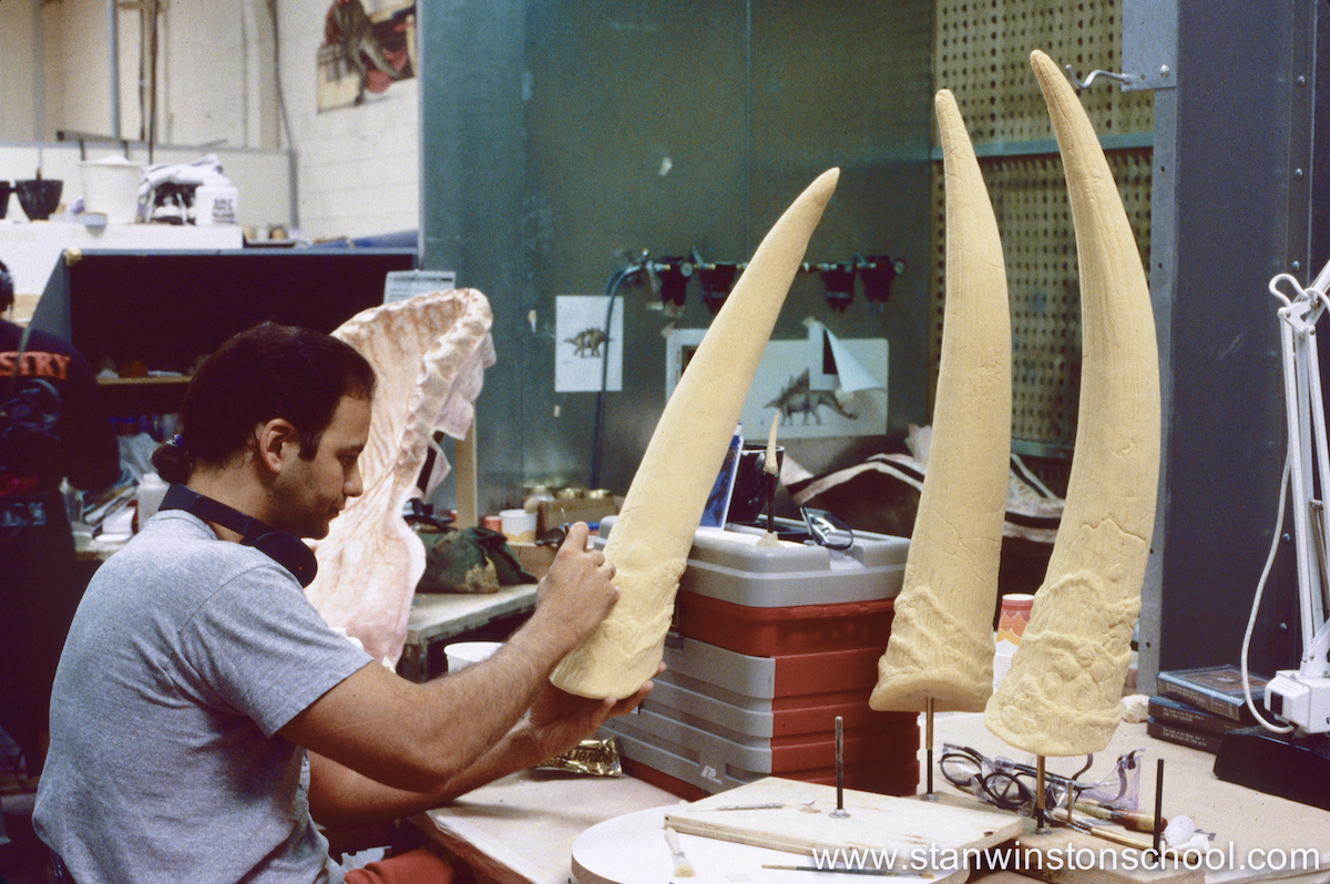 The final stegosaurus sculpt maquette was sent to a company to be scaled up to full scale and milled in sculptable foam. Then we had to add details back into the soft form of the foam.