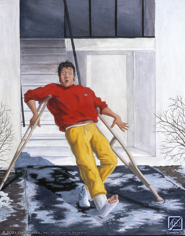 I was on crutches in college which inspired the icy Slip! (circa 1987) Gouache on poster board.