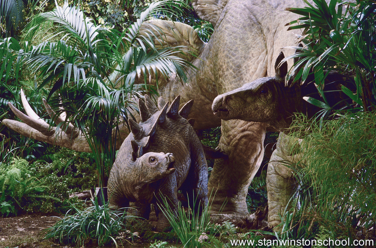 Production photo taken at the Universal Studios Lost World set.