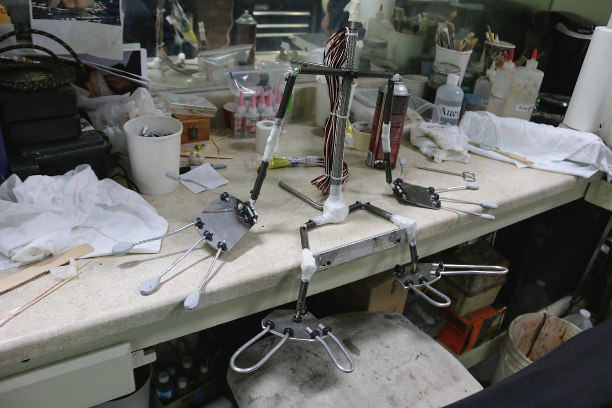 The final interior body armature before it's inserted into the mold and surrounded by the silicone skin. The wires are the leads that will connect to the head where Richard designed all the face functionality that would be radio controlled on set.