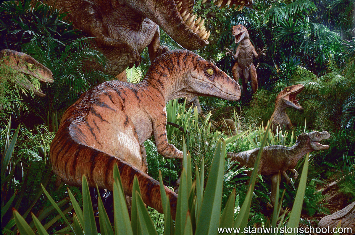 Production photo taken at the Universal Studios Lost World set.