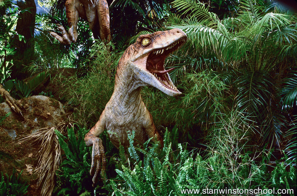 Production photo taken at the Universal Studios Lost World set.