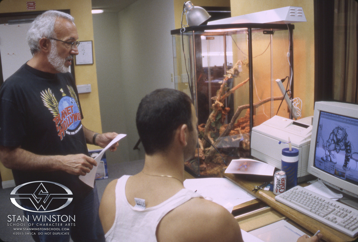 Early in the process, Stan had me pop my "Slammy" head onto the body of designer Ian Stevenson's character sketch which is on the screen.