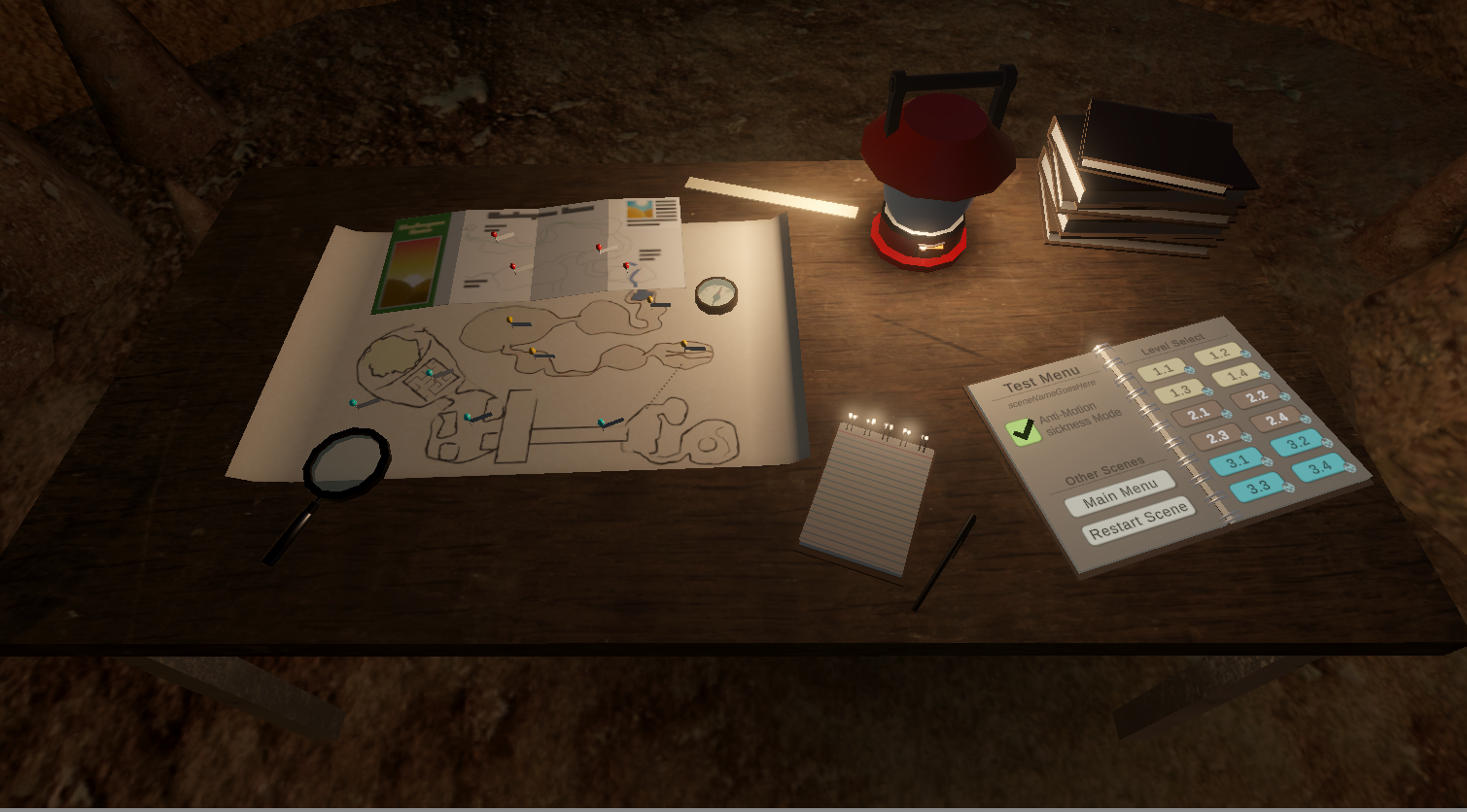 Menu mockup. The 'main menu' was intended to be largely Diagetic with a map for level select and a journal for a 'menu'.