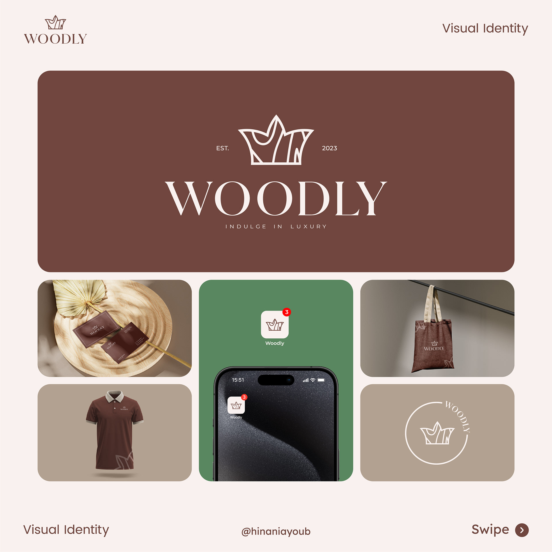 Woodly brand identity mood board featuring logo, color palette, typography, and product mockups.