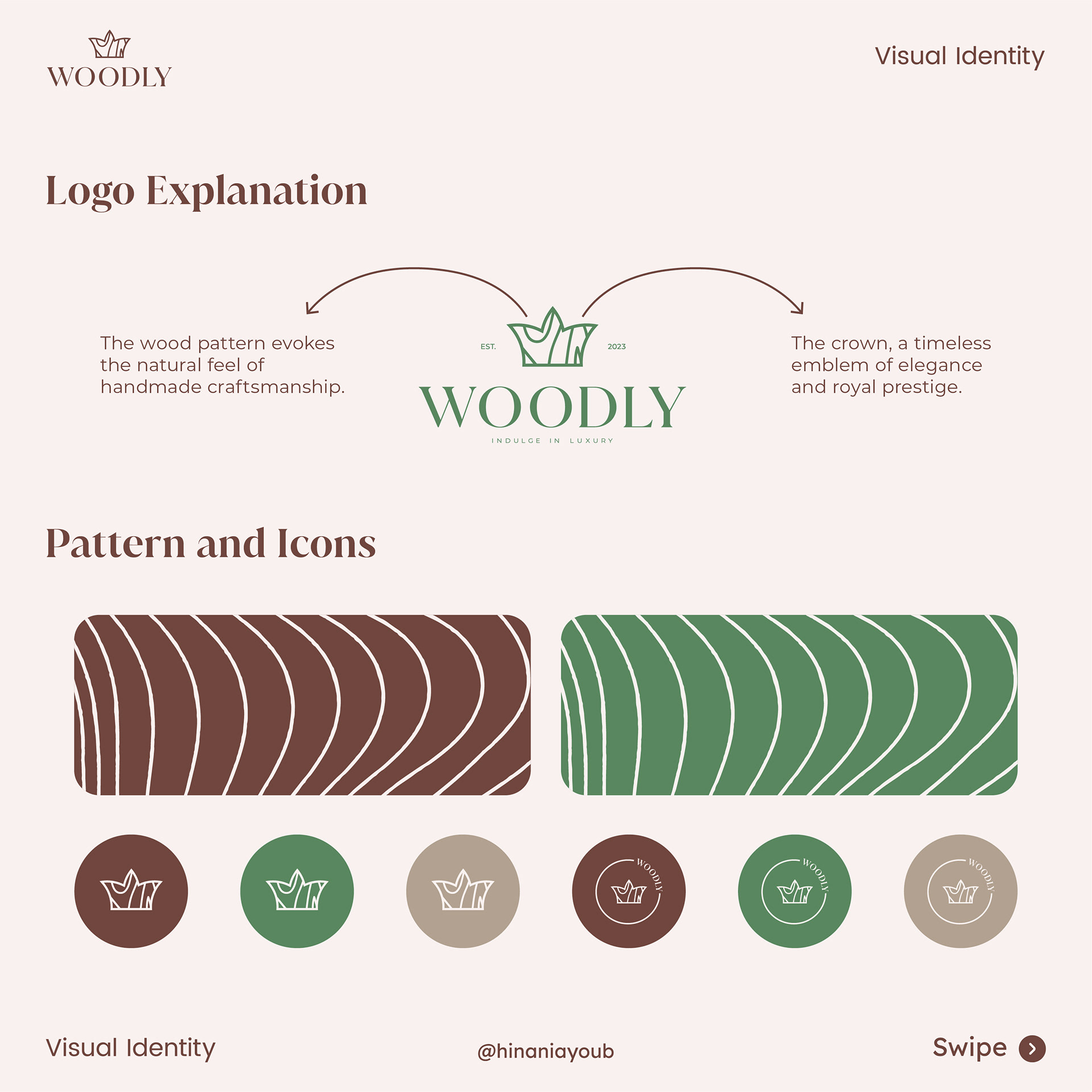 Woodly luxury brand logo, color palette, and pattern design.