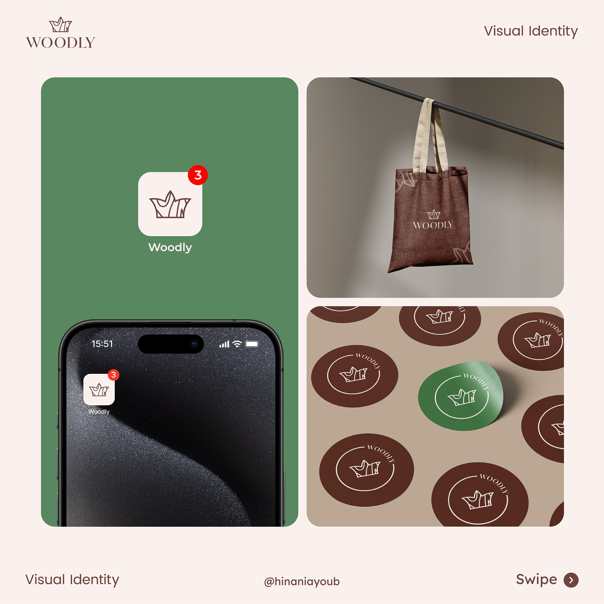 woodly stickers and app icon and tote bag mockups