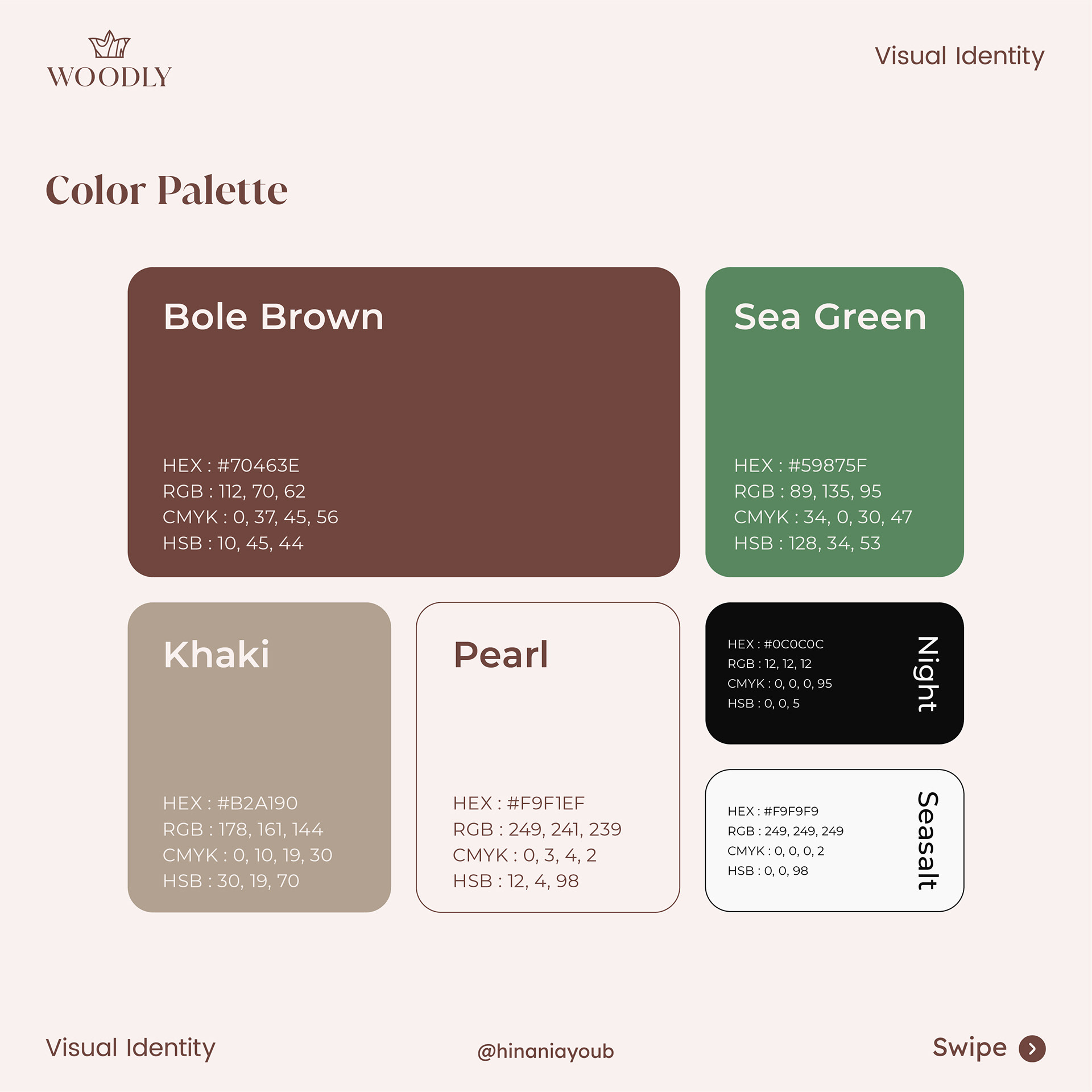 Woodly brand color palette featuring Bole Brown, Sea Green, Khaki, Pearl, Night, and Seasalt color swatches with HEX, RGB, CMYK, and HSB values.