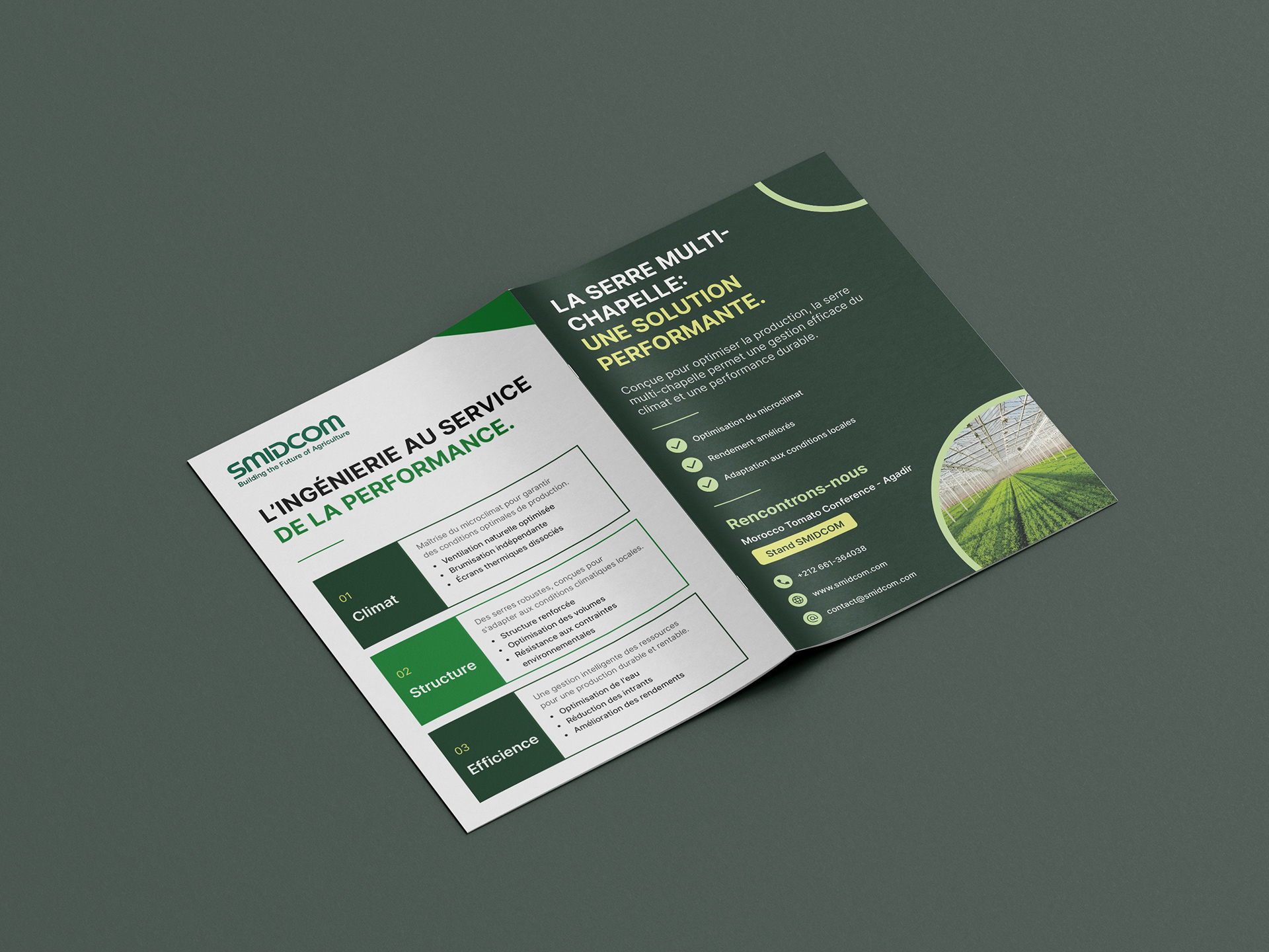 SMIDCOM Group brochure interior and back cover – print design for Moroccan greenhouse engineering company