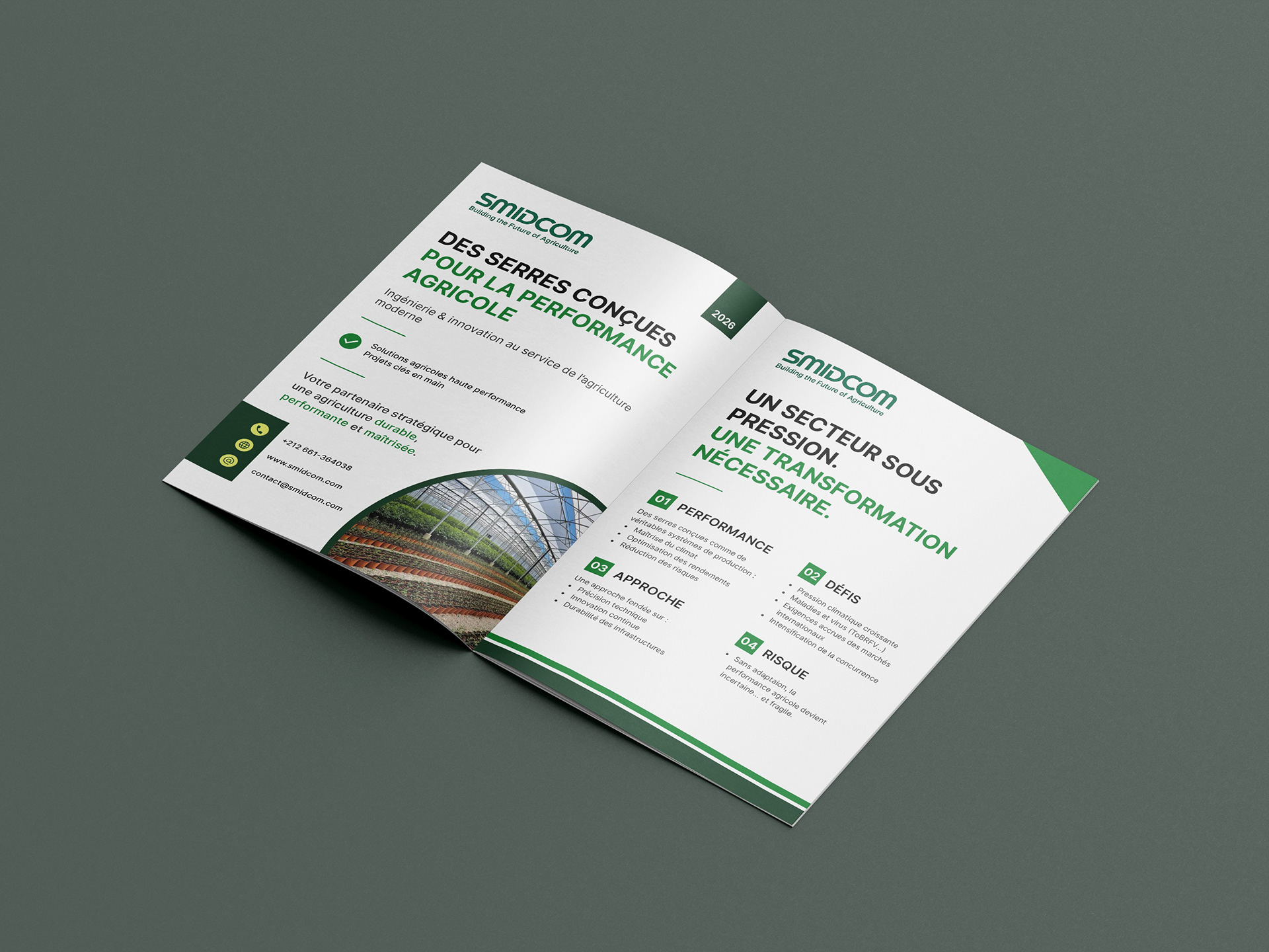 Brochure design for SMIDCOM Group – cover and interior spread showing agricultural greenhouse solutions