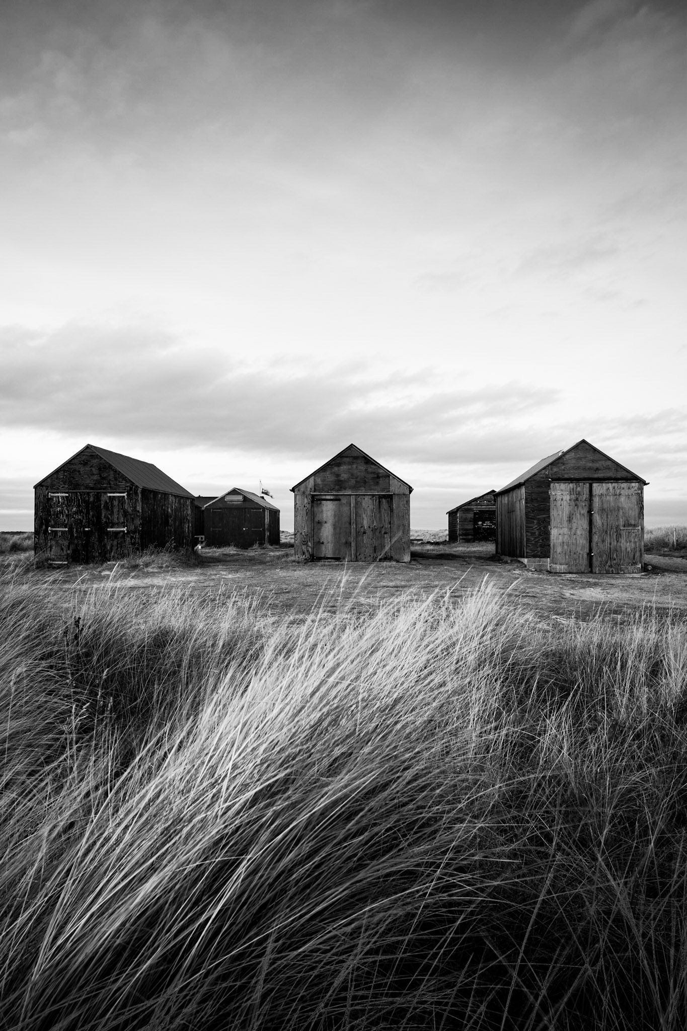 BnW Fisherman Huts, Norfolk, England.