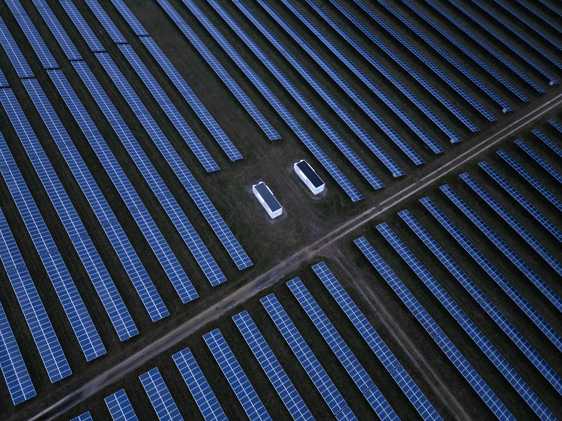 Aerial view and repeatable patterns of a solar farm
