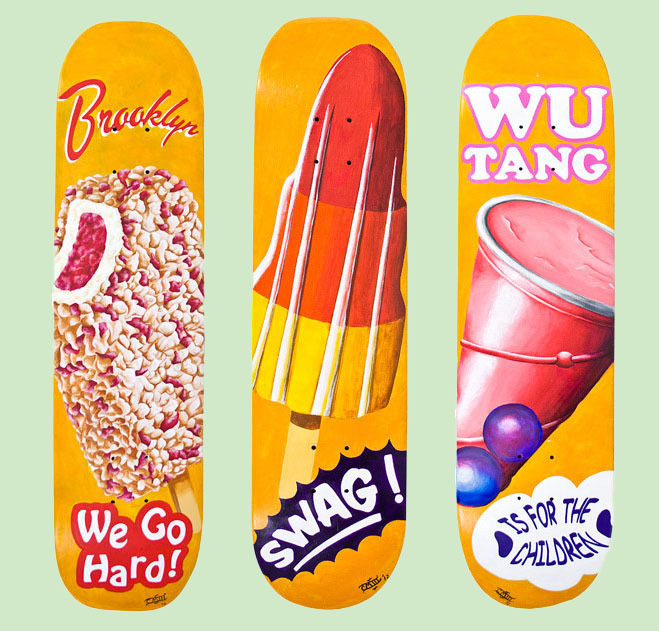 Left to right: Brooklyn; Swag; Wu-Tang. 2014, 8"x32" Acrylic on skateboard