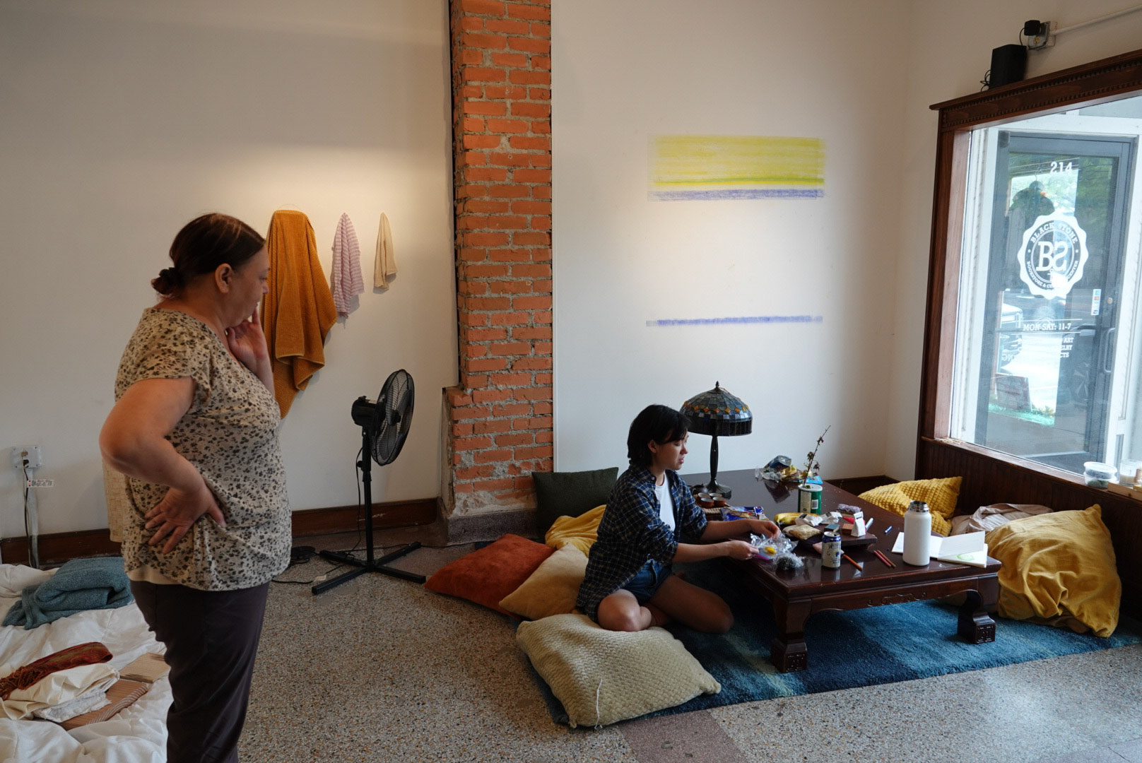 Showing my aunt the lunch my dad dropped off.