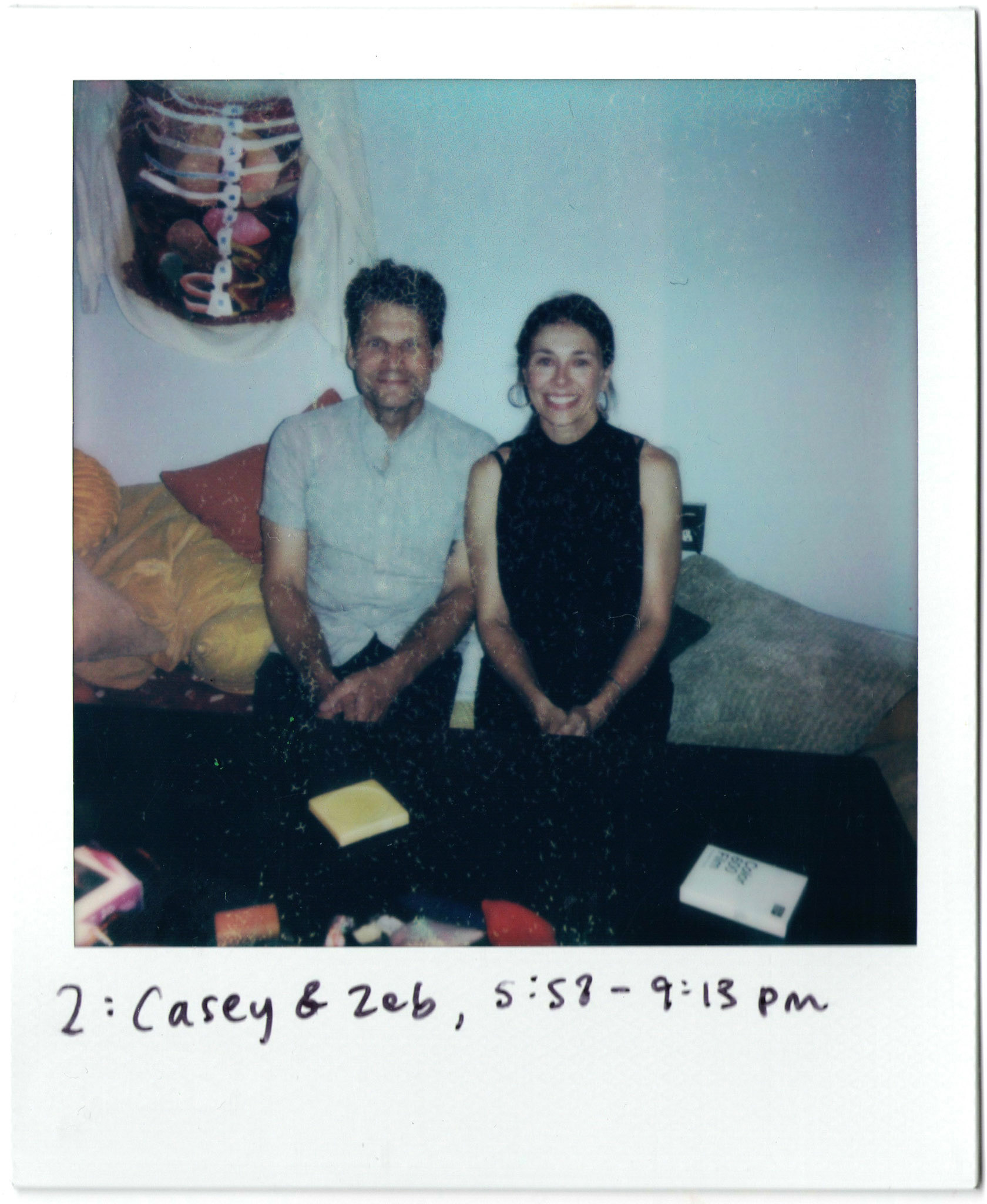 Art scene locals, Casey and Zeb, stopping in for my second dinner. We talked about the artist as the object, the rituals of dining, and piercing culture in the '90s.