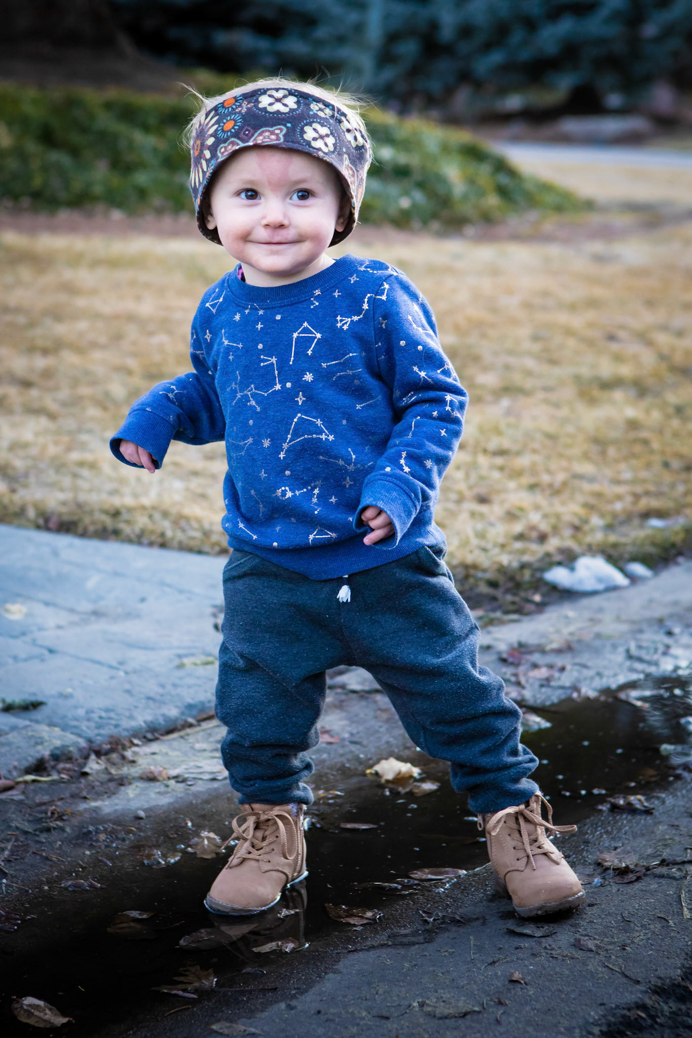 Trying out a new pair of boots in a fresh puddle
