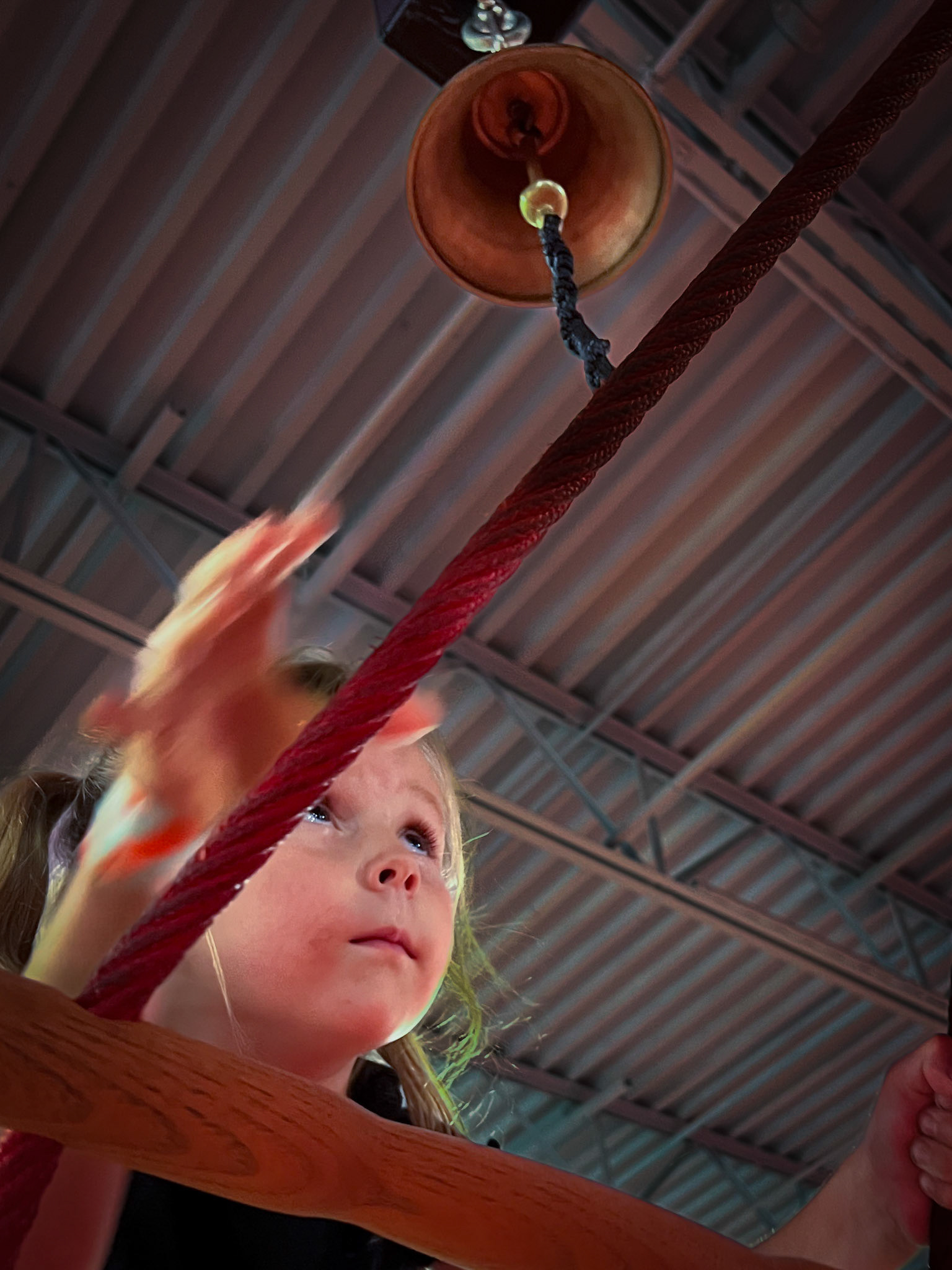Ringing the bell atop a challenging rope ladder at Lava Island