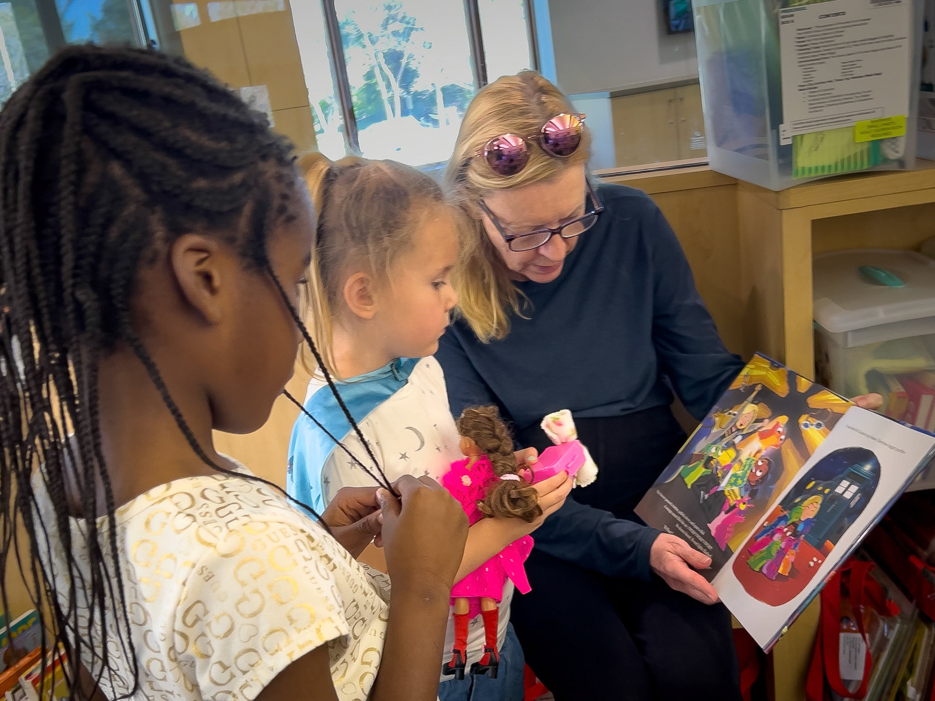 Sharing story time with a new friend at the library